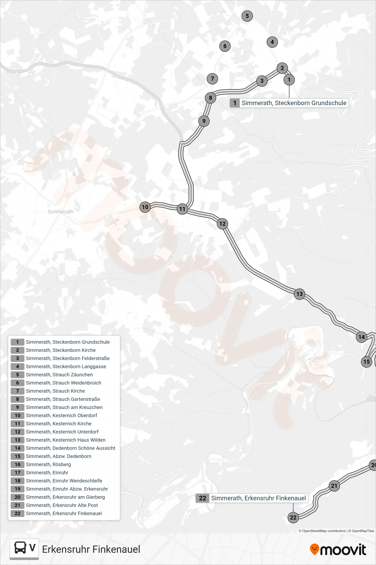 Linie V (Bus) Richtung Erkensruhr Finkenauel: Route und Haltestellen auf der Karte