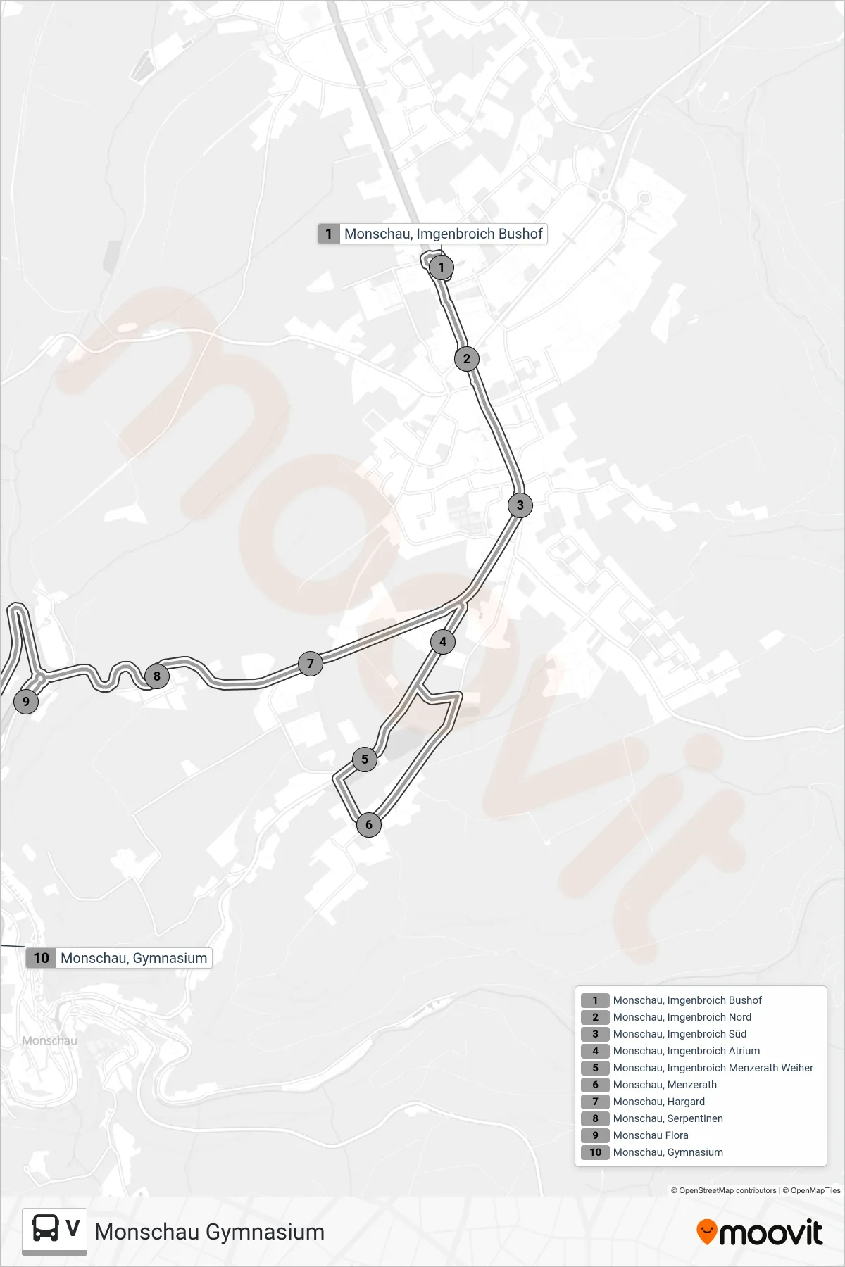 V bus Line (Monschau Gymnasium) route and stops on a map