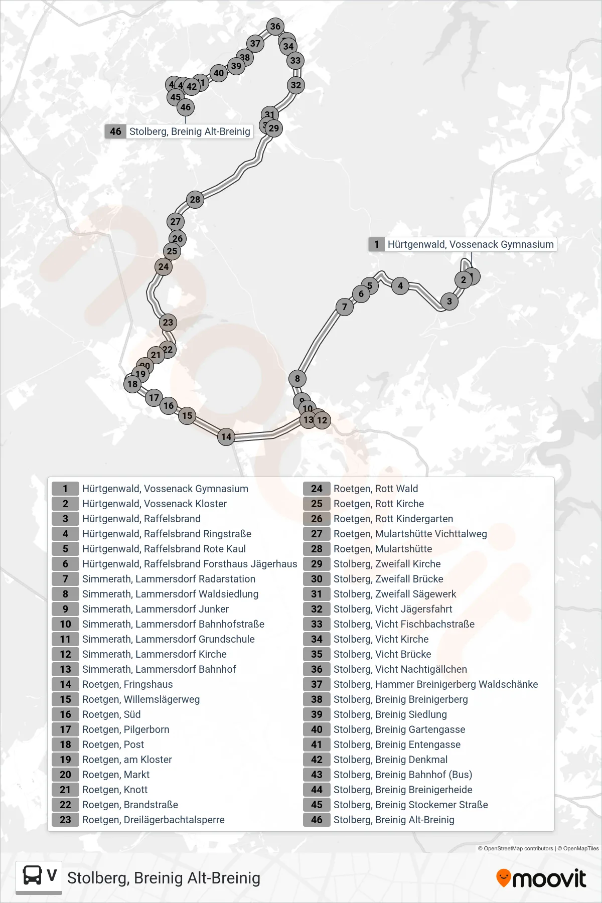 Linie V (Bus) Richtung Stolberg, Breinig Alt-Breinig: Route und Haltestellen auf der Karte