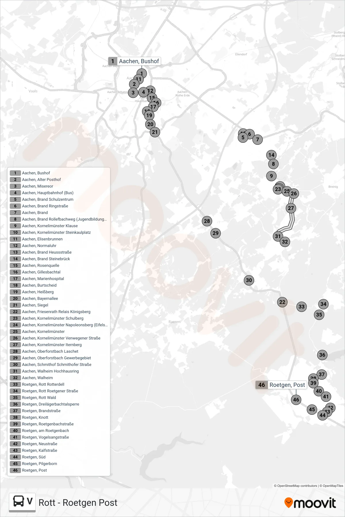 Linie V (Bus) Richtung Rott - Roetgen Post: Route und Haltestellen auf der Karte