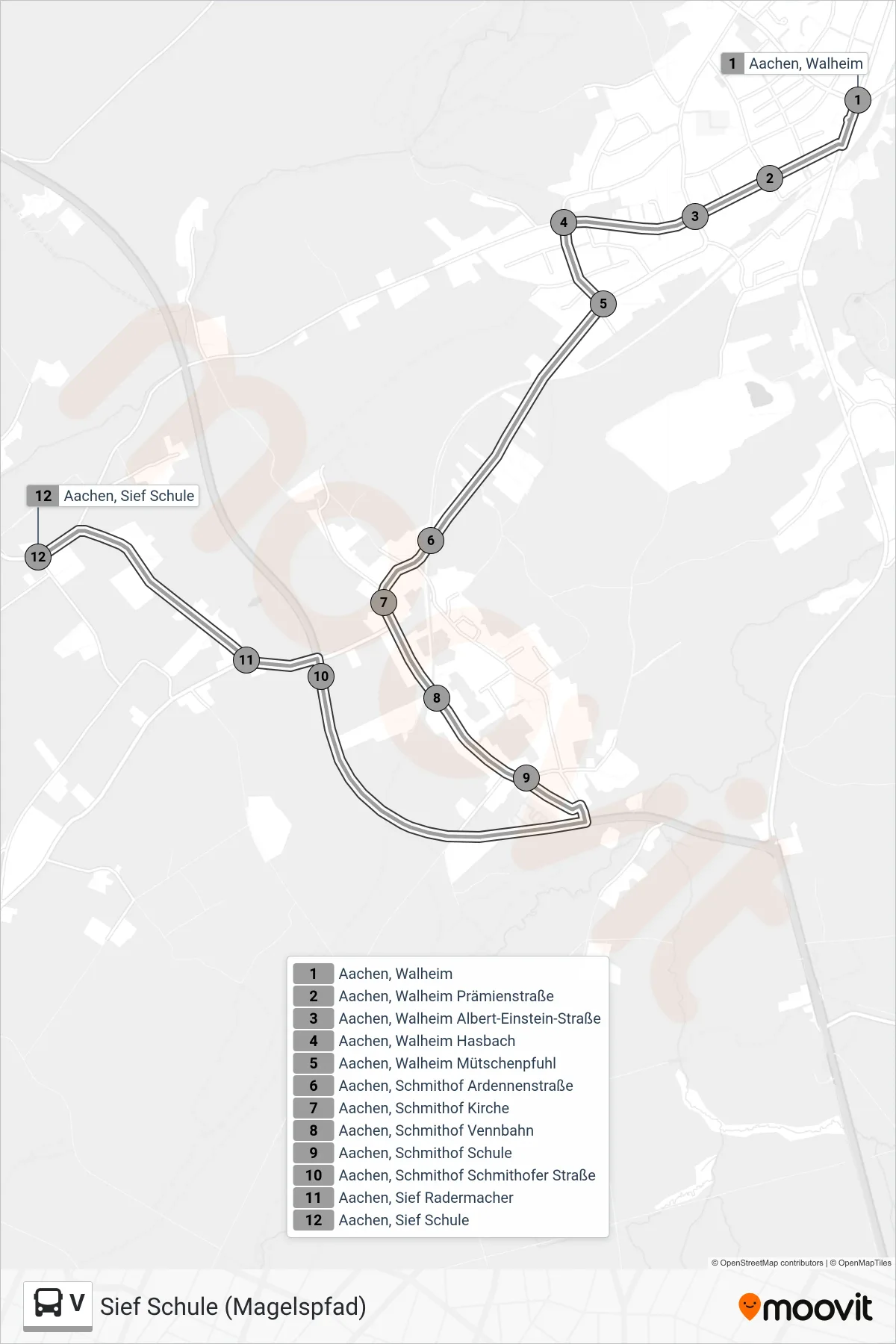 Linie V (Bus) Richtung Sief Schule (Magelspfad): Route und Haltestellen auf der Karte