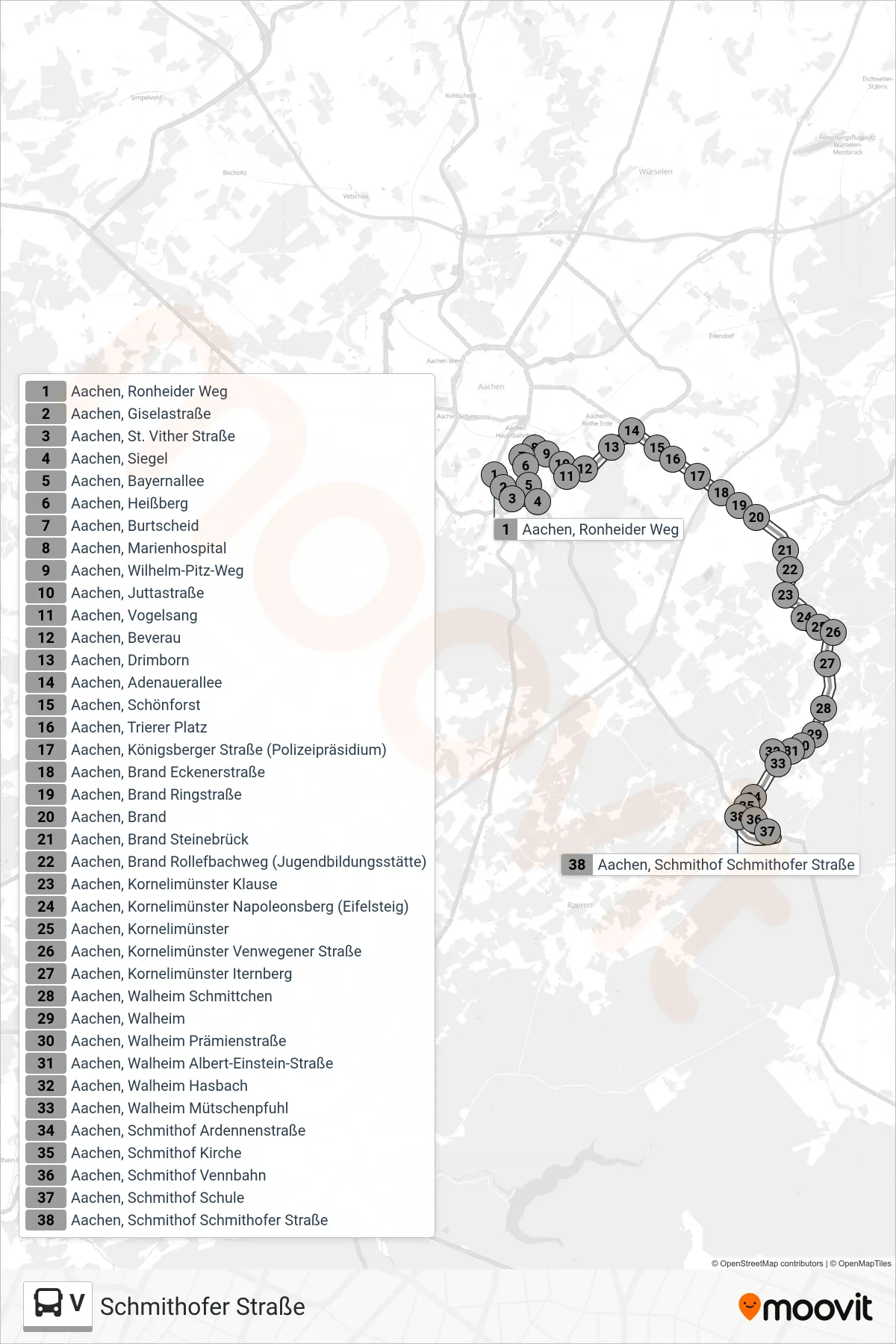 V bus Line (Schmithofer Straße) route and stops on a map