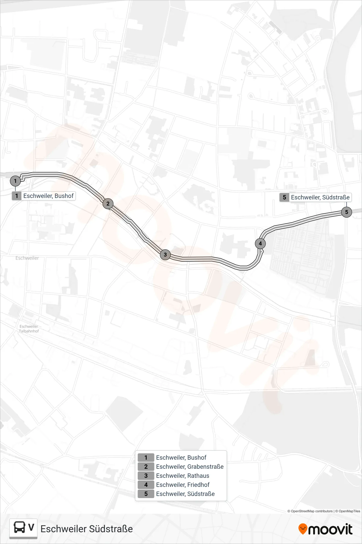 Linie V (Bus) Richtung Eschweiler Südstraße: Route und Haltestellen auf der Karte