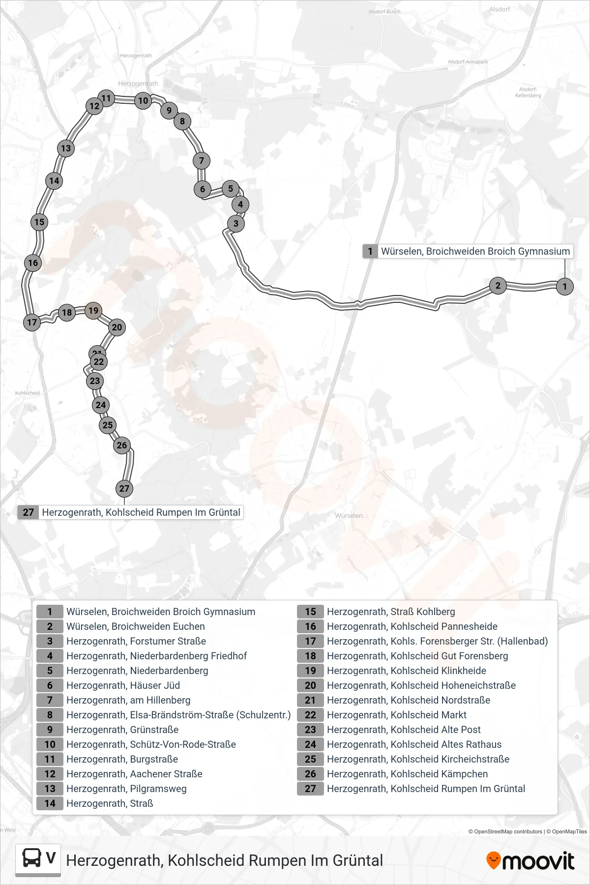 V bus Line (Herzogenrath, Kohlscheid Rumpen Im Grüntal) route and stops on a map