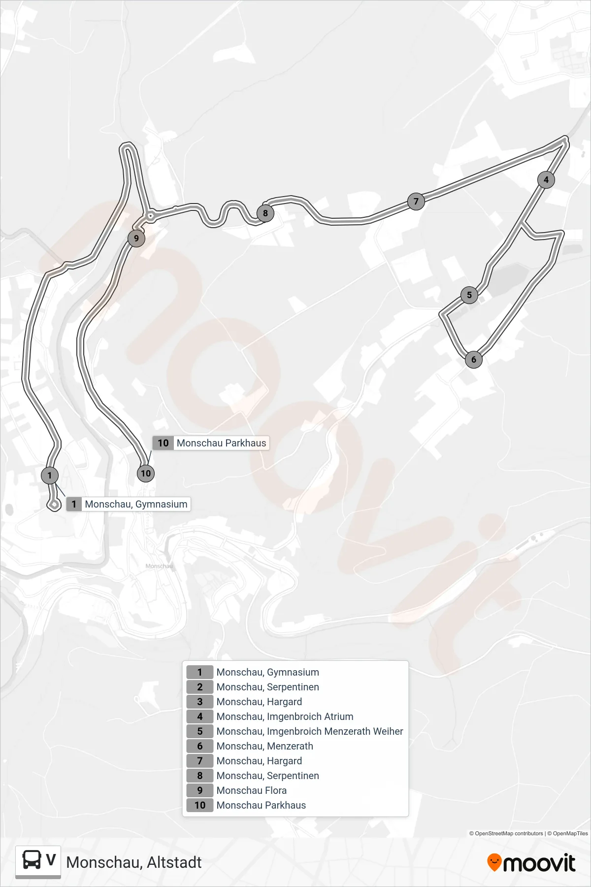 Linie V (Bus) Richtung Monschau, Altstadt: Route und Haltestellen auf der Karte