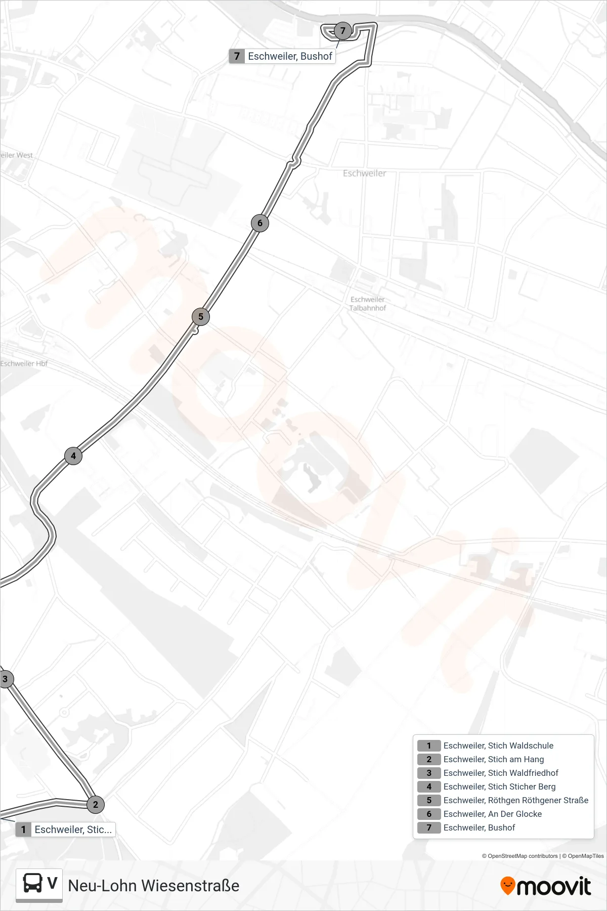 V bus Line (Neu-Lohn Wiesenstraße) route and stops on a map