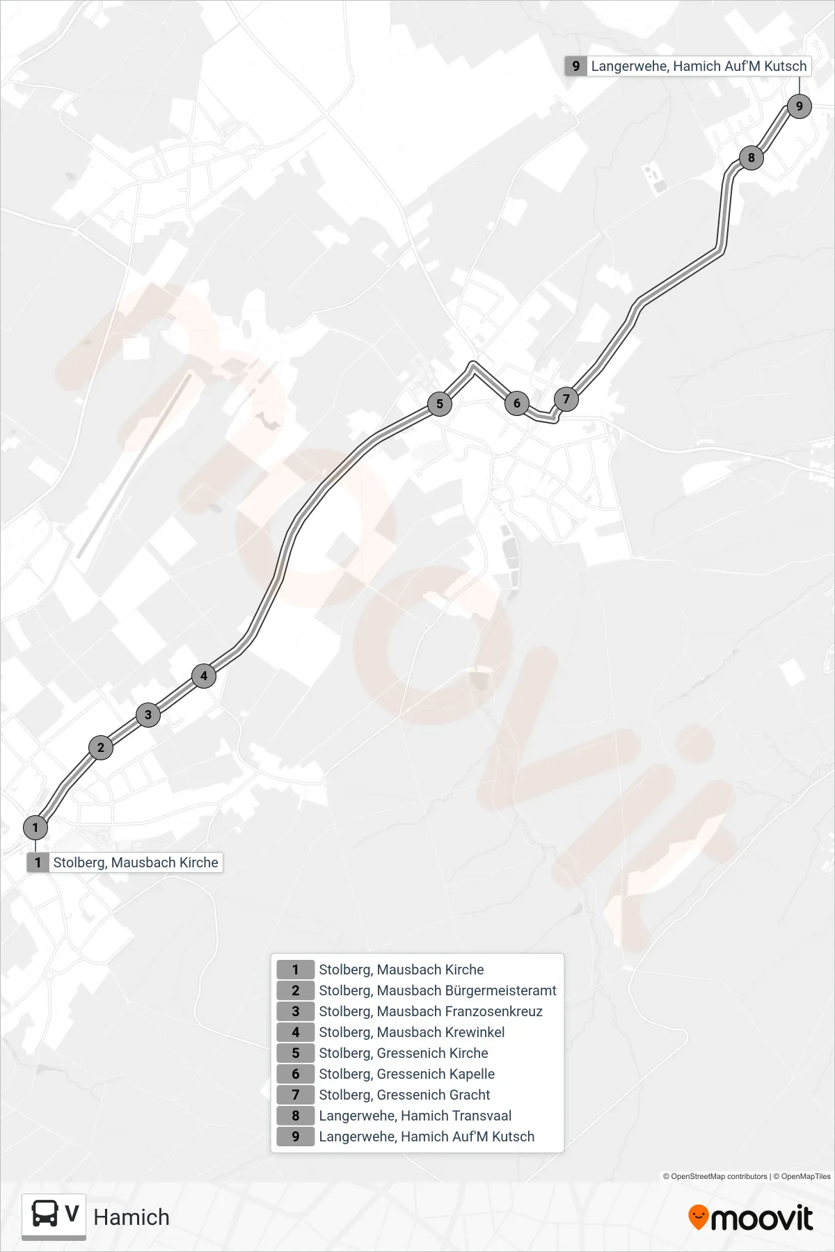 V bus Line (Hamich) route and stops on a map