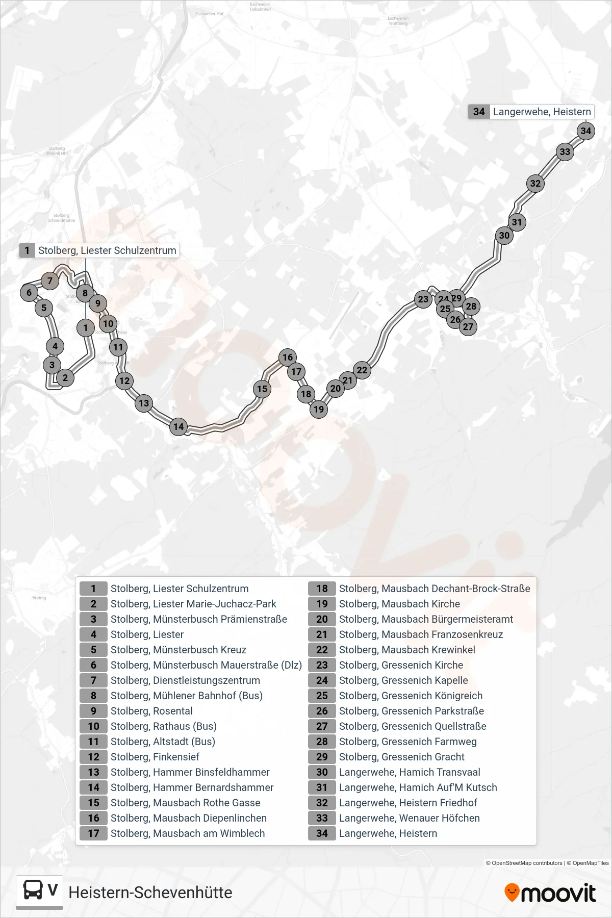 V bus Line (Heistern-Schevenhütte) route and stops on a map