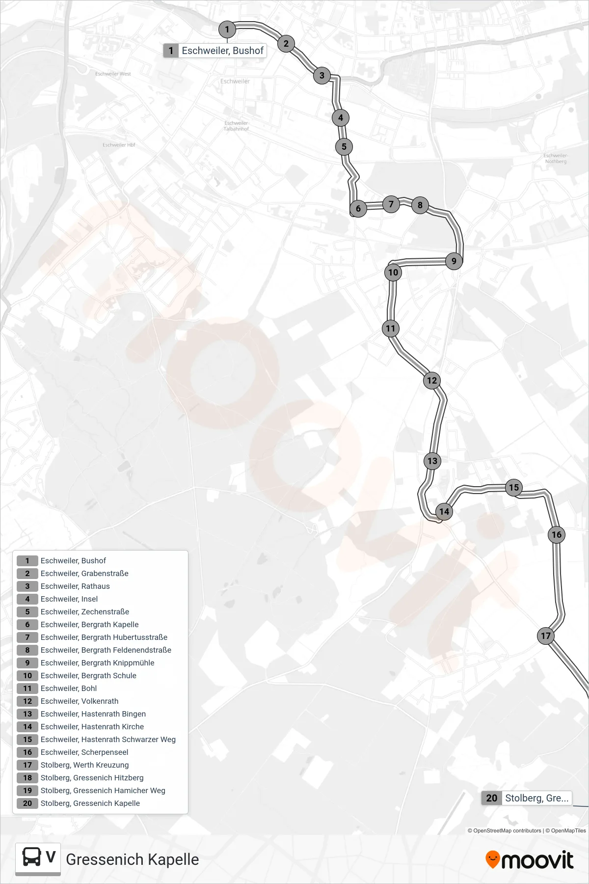 Linie V (Bus) Richtung Gressenich Kapelle: Route und Haltestellen auf der Karte
