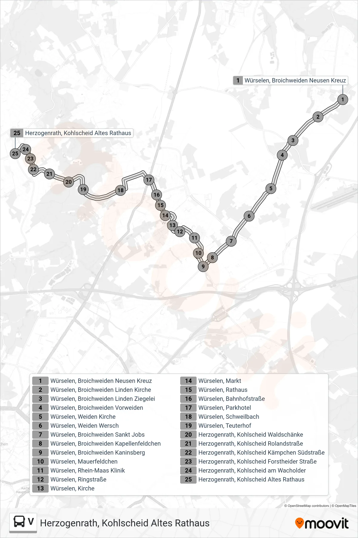 Linie V (Bus) Richtung Herzogenrath, Kohlscheid Altes Rathaus: Route und Haltestellen auf der Karte