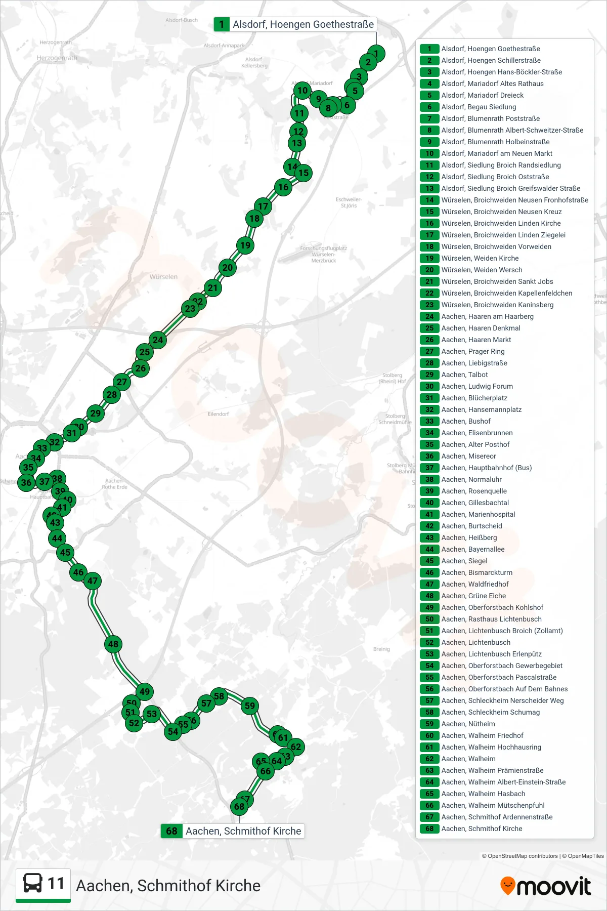 Linie 11 (Bus) Richtung Aachen, Schmithof Kirche: Route und Haltestellen auf der Karte