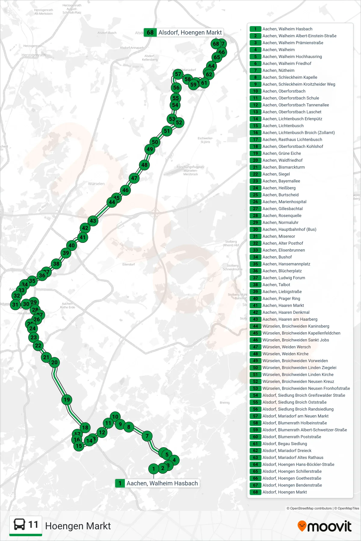 Linie 11 (Bus) Richtung Hoengen Markt: Route und Haltestellen auf der Karte
