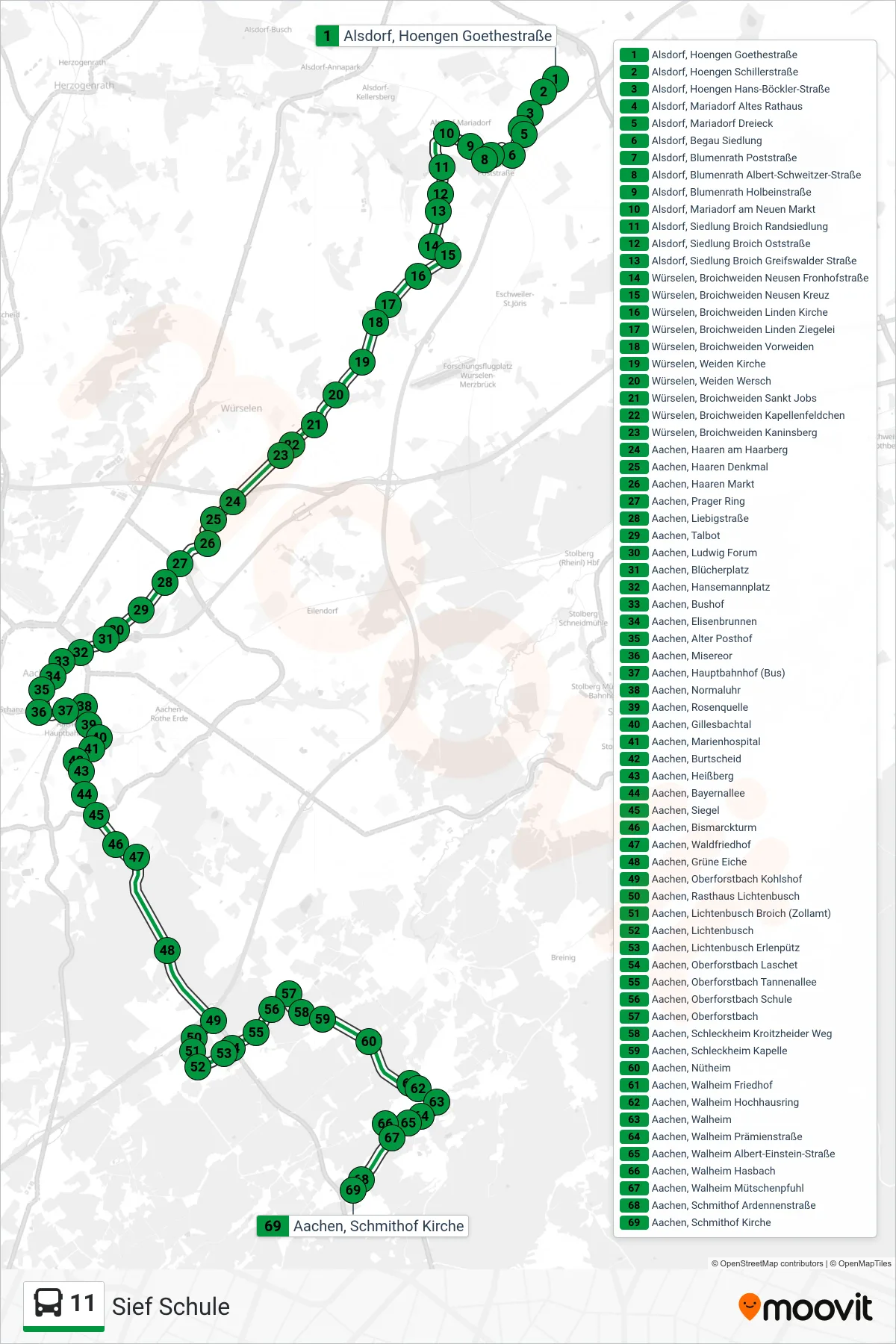 Linie 11 (Bus) Richtung Sief Schule: Route und Haltestellen auf der Karte