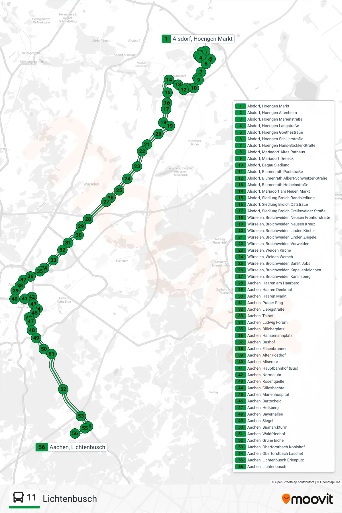 11 bus Line (Lichtenbusch) route and stops on a map
