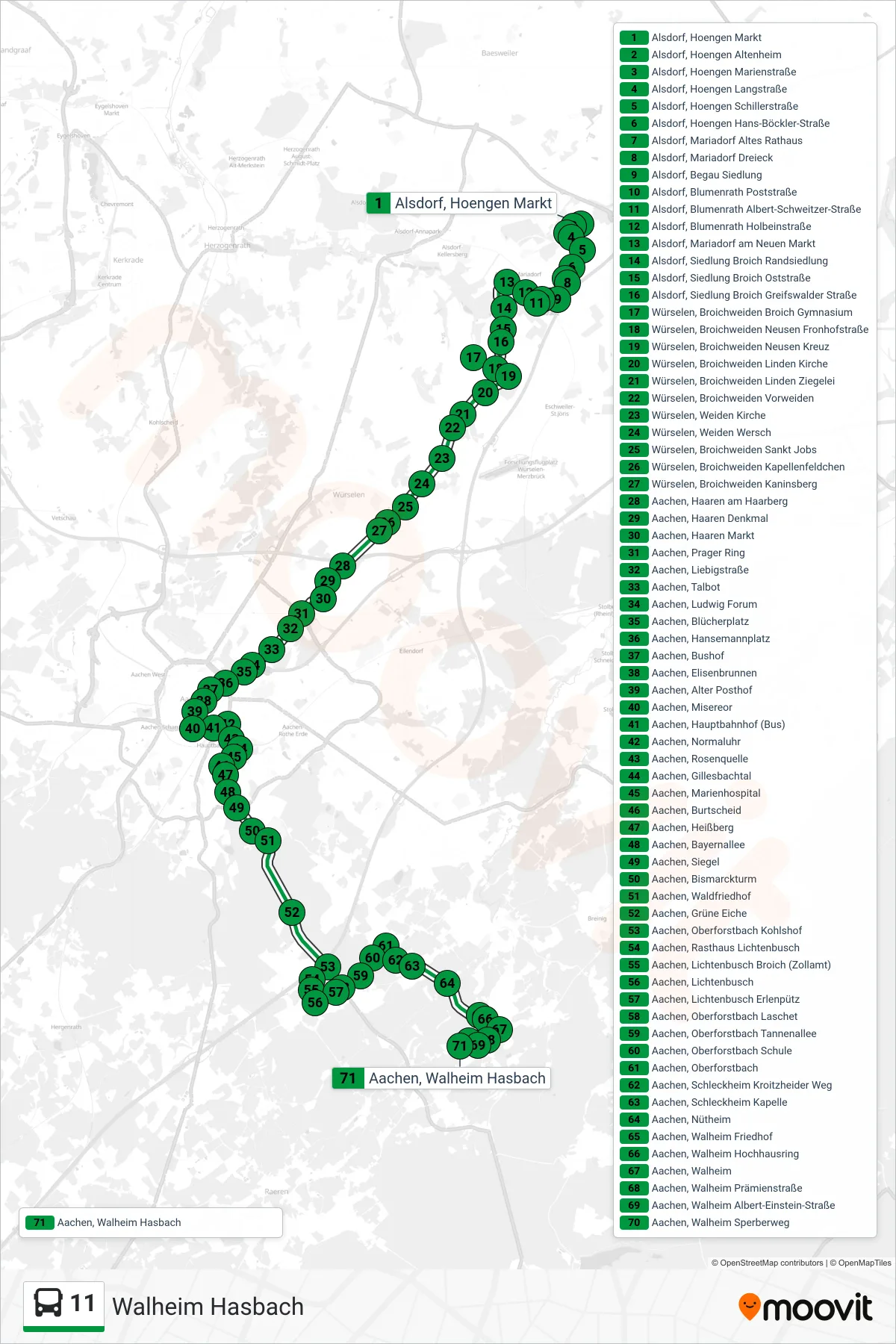 Linie 11 (Bus) Richtung Walheim Hasbach: Route und Haltestellen auf der Karte