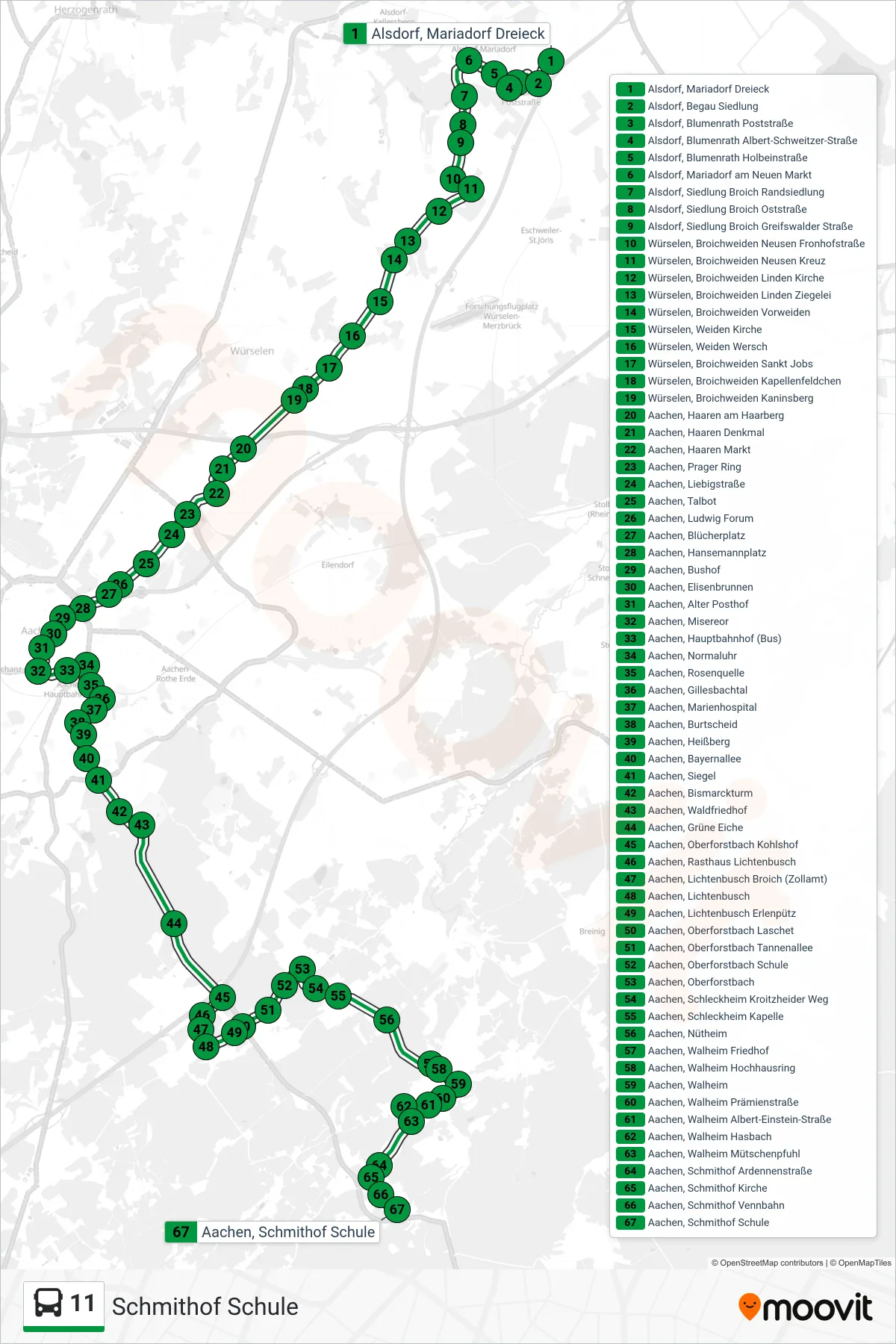 Linie 11 (Bus) Richtung Schmithof Schule: Route und Haltestellen auf der Karte