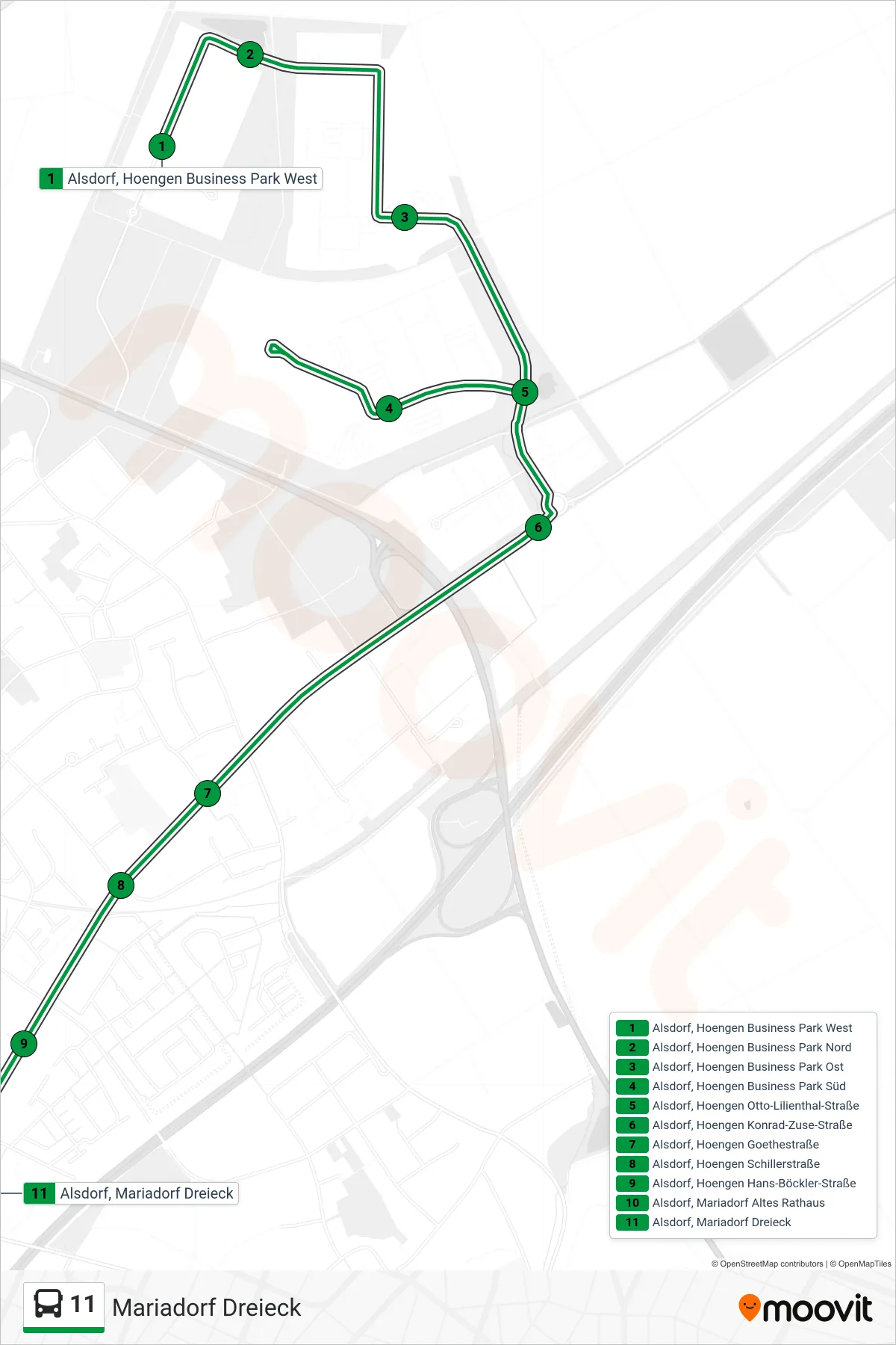 Linie 11 (Bus) Richtung Mariadorf Dreieck: Route und Haltestellen auf der Karte