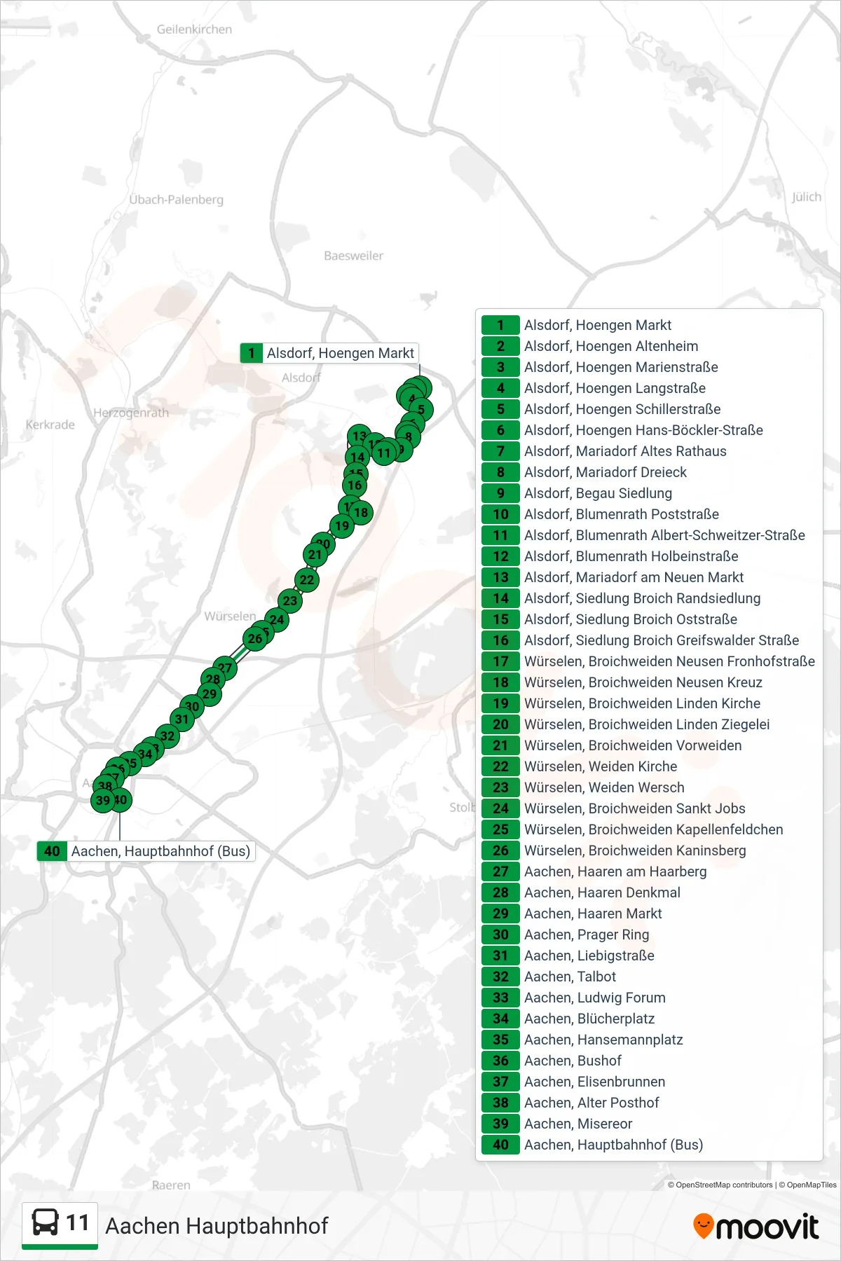 11 bus Line (Aachen Hauptbahnhof) route and stops on a map