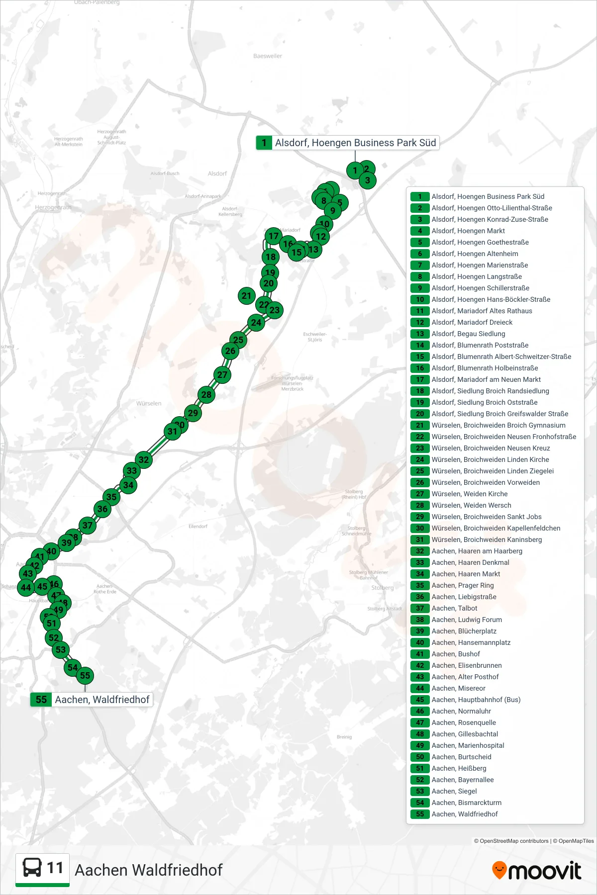 11 bus Line (Aachen Waldfriedhof) route and stops on a map
