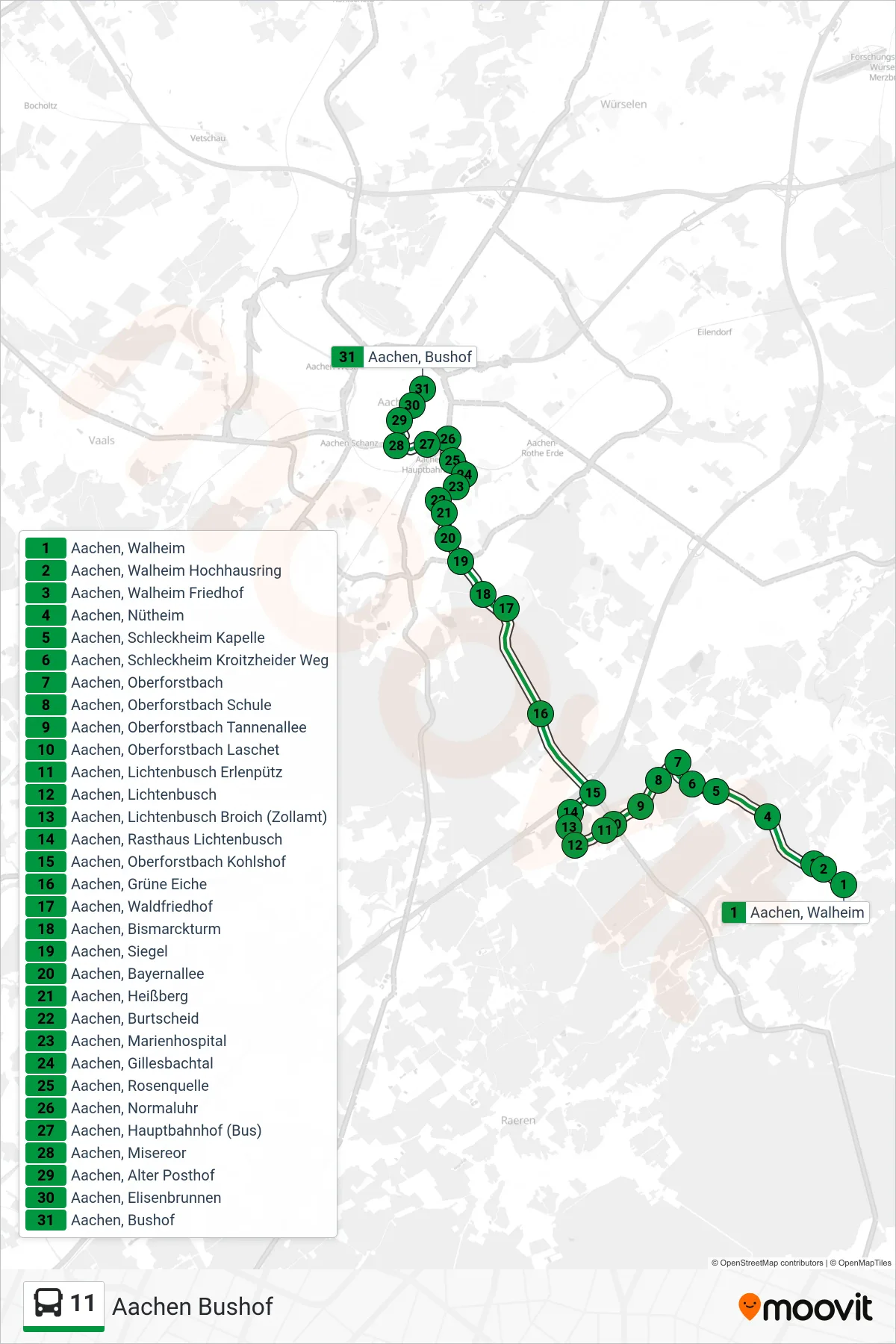 Linie 11 (Bus) Richtung Aachen Bushof: Route und Haltestellen auf der Karte