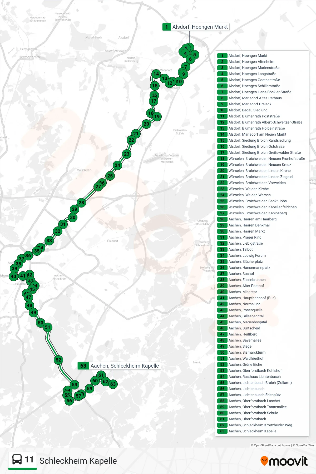 Linie 11 (Bus) Richtung Schleckheim Kapelle: Route und Haltestellen auf der Karte