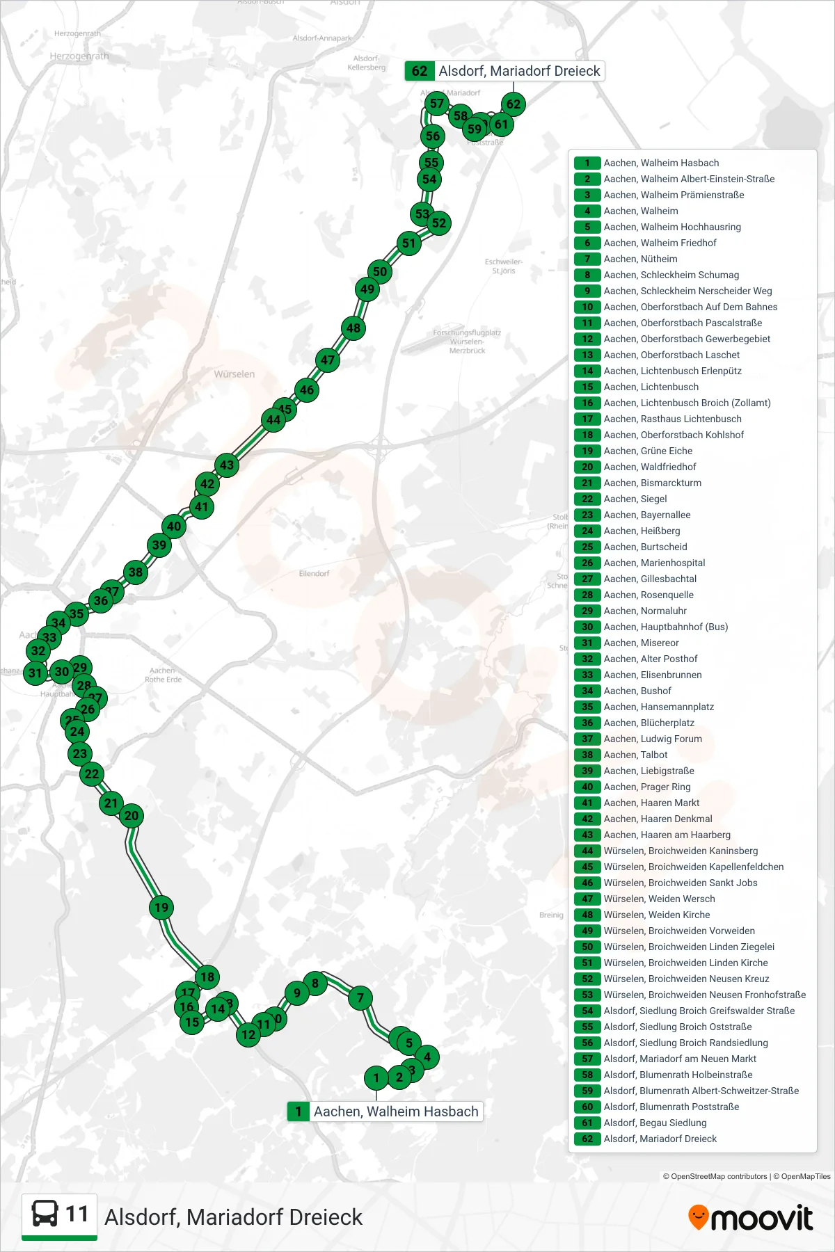 Linie 11 (Bus) Richtung Alsdorf, Mariadorf Dreieck: Route und Haltestellen auf der Karte
