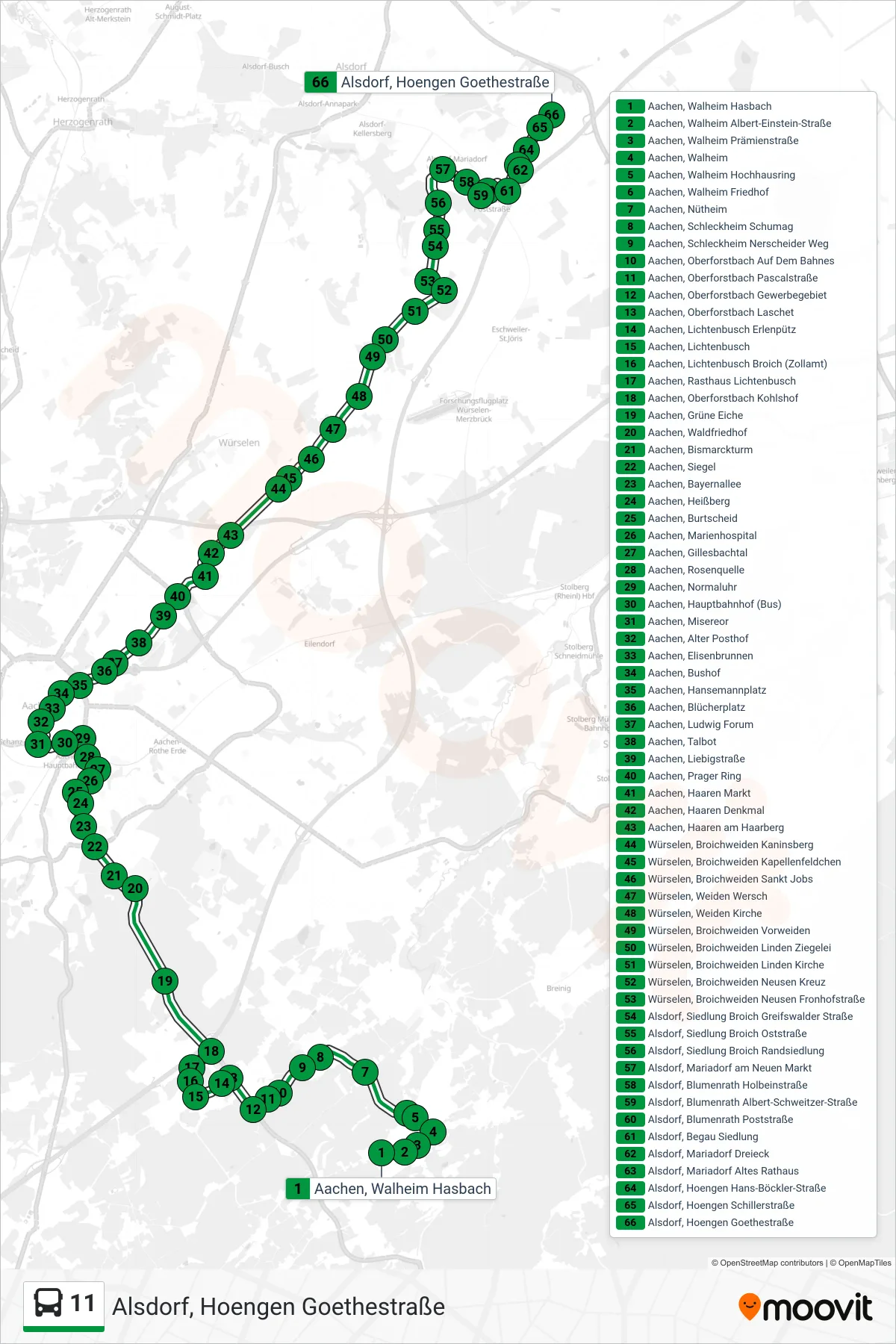 Linie 11 (Bus) Richtung Alsdorf, Hoengen Goethestraße: Route und Haltestellen auf der Karte