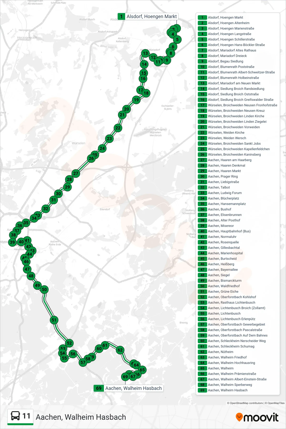 Linie 11 (Bus) Richtung Aachen, Walheim Hasbach: Route und Haltestellen auf der Karte