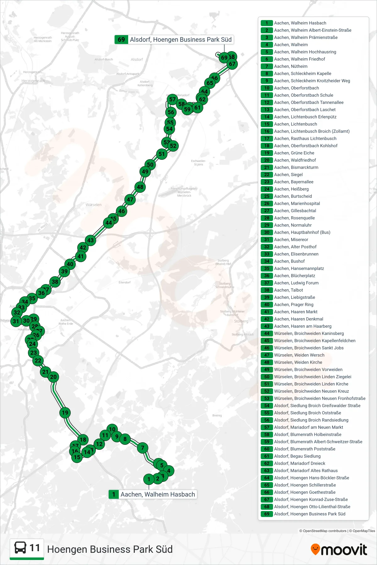 Linie 11 (Bus) Richtung Hoengen Business Park Süd: Route und Haltestellen auf der Karte