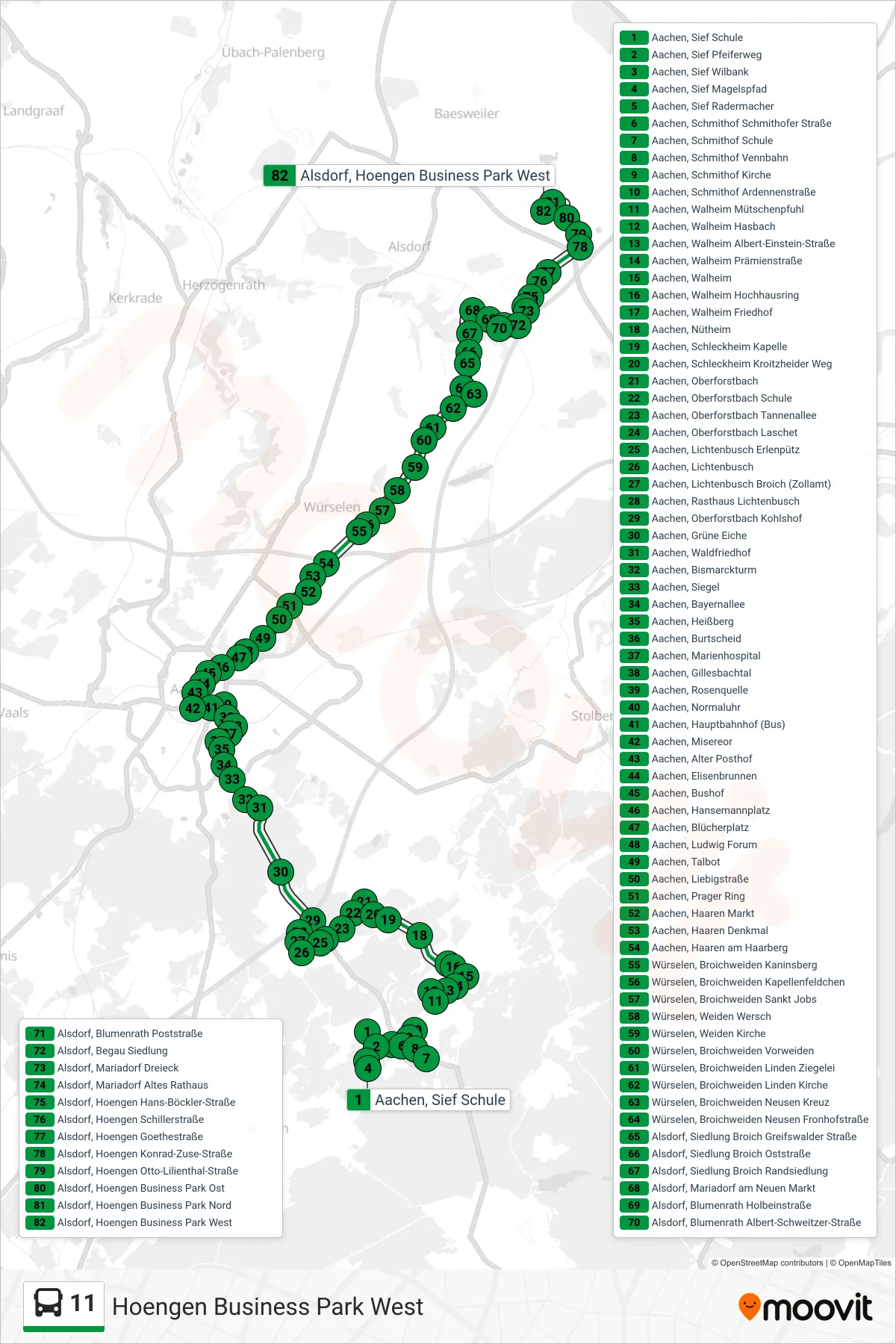 Linie 11 (Bus) Richtung Hoengen Business Park West: Route und Haltestellen auf der Karte