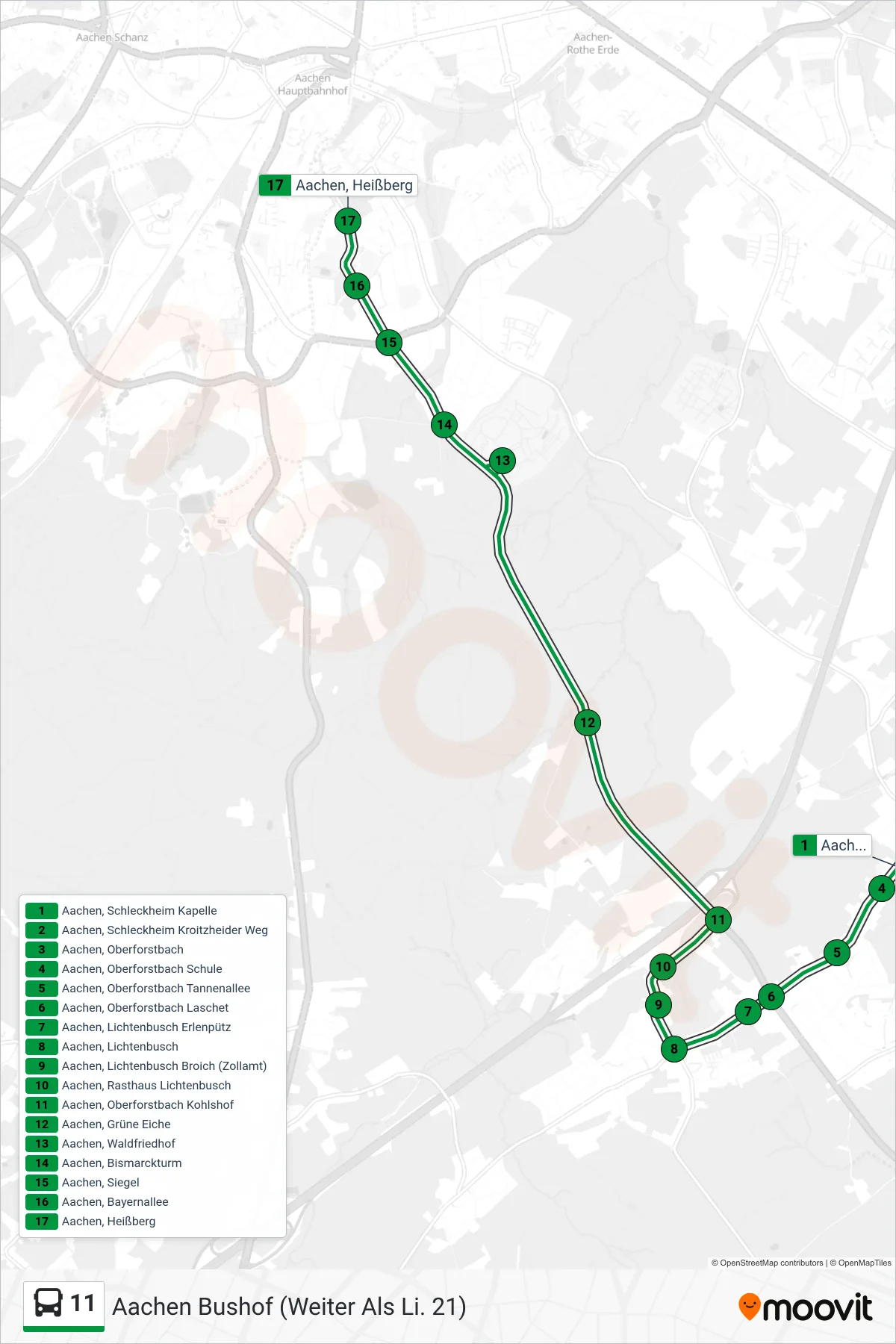 Linie 11 (Bus) Richtung Aachen Bushof (Weiter Als Li. 21): Route und Haltestellen auf der Karte