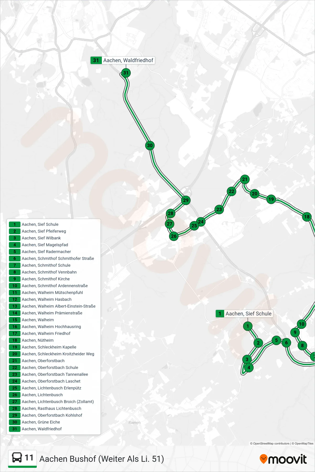 Linie 11 (Bus) Richtung Aachen Bushof (Weiter Als Li. 51): Route und Haltestellen auf der Karte
