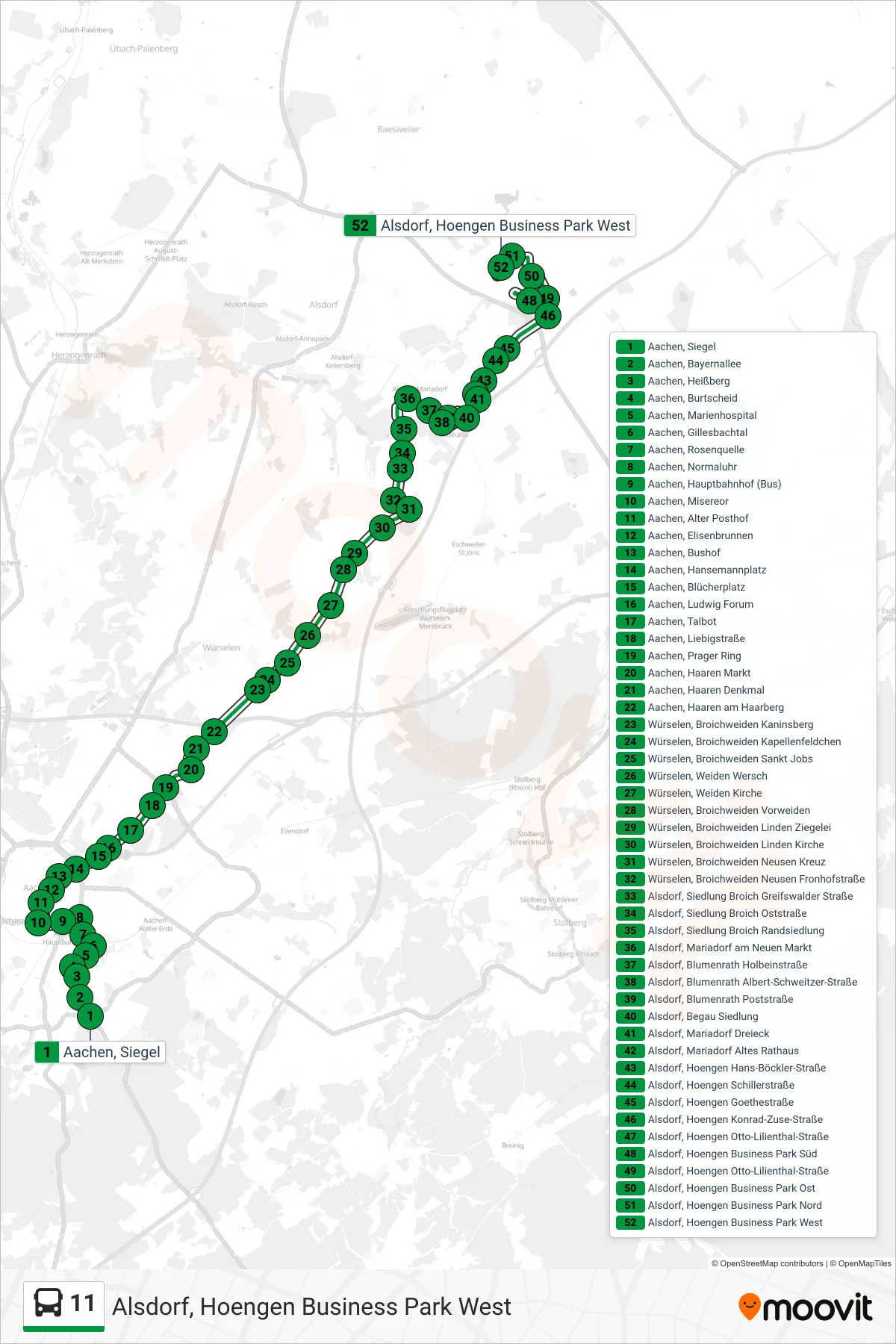 Linie 11 (Bus) Richtung Alsdorf, Hoengen Business Park West: Route und Haltestellen auf der Karte