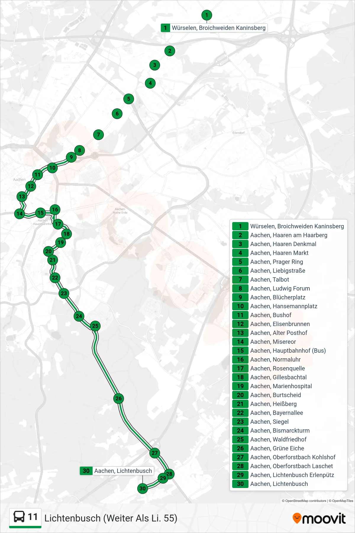Linie 11 (Bus) Richtung Lichtenbusch (Weiter Als Li. 55): Route und Haltestellen auf der Karte