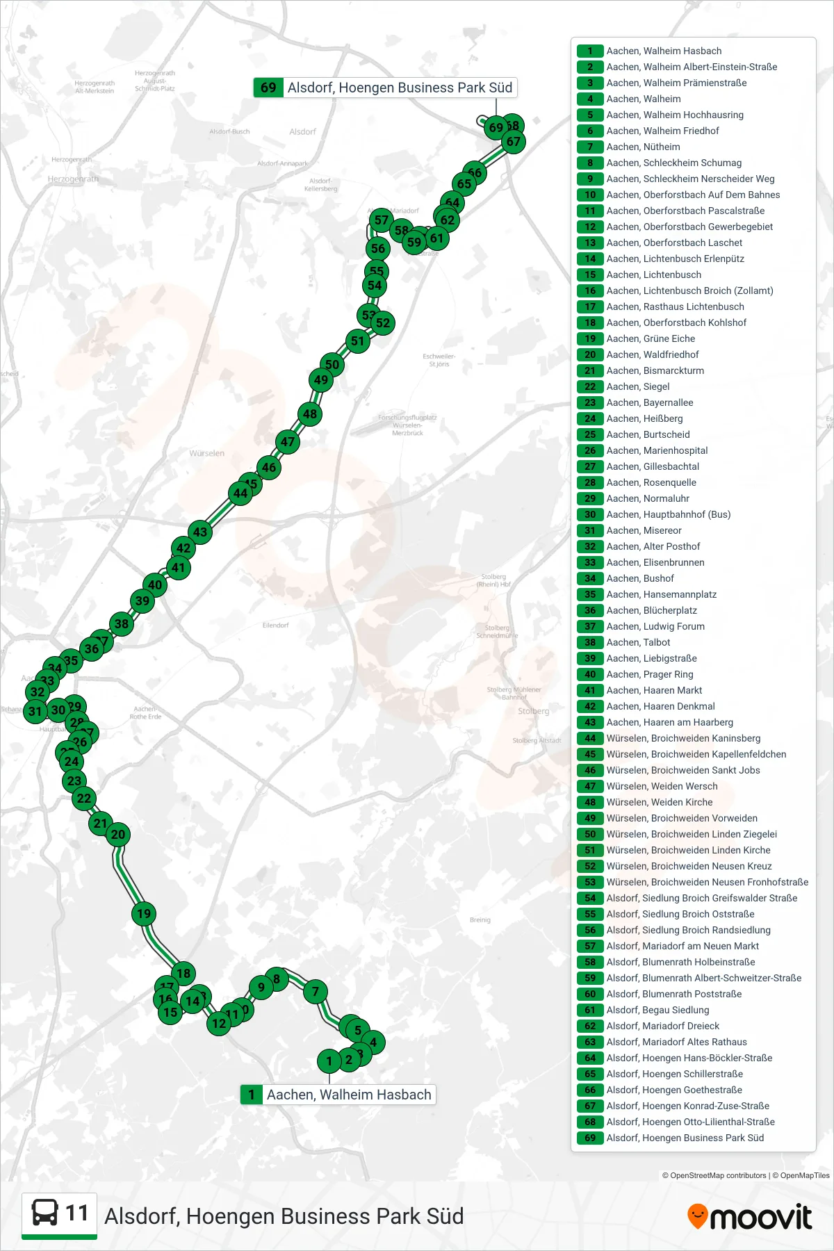 Linie 11 (Bus) Richtung Alsdorf, Hoengen Business Park Süd: Route und Haltestellen auf der Karte
