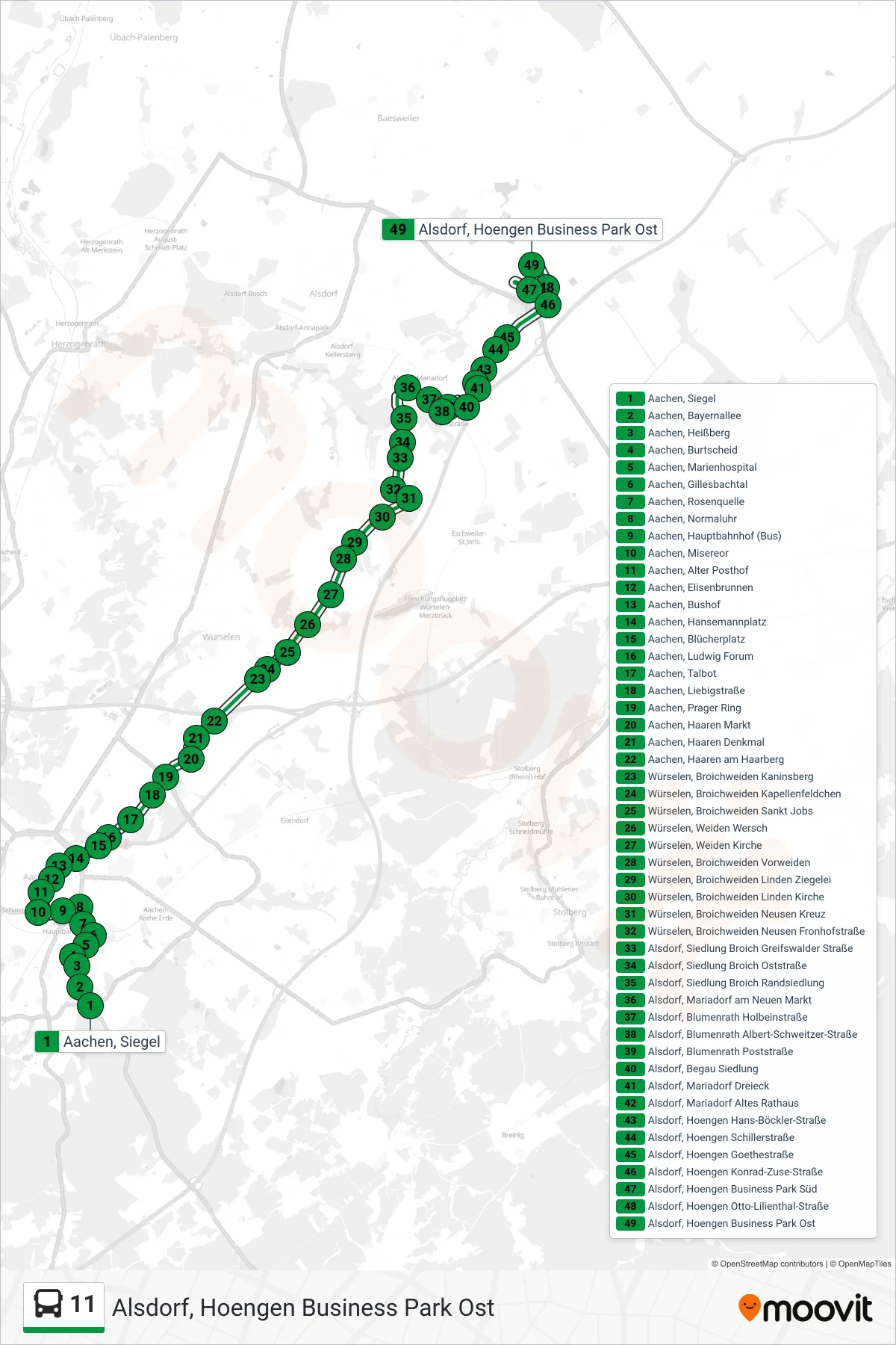 Linie 11 (Bus) Richtung Alsdorf, Hoengen Business Park Ost: Route und Haltestellen auf der Karte