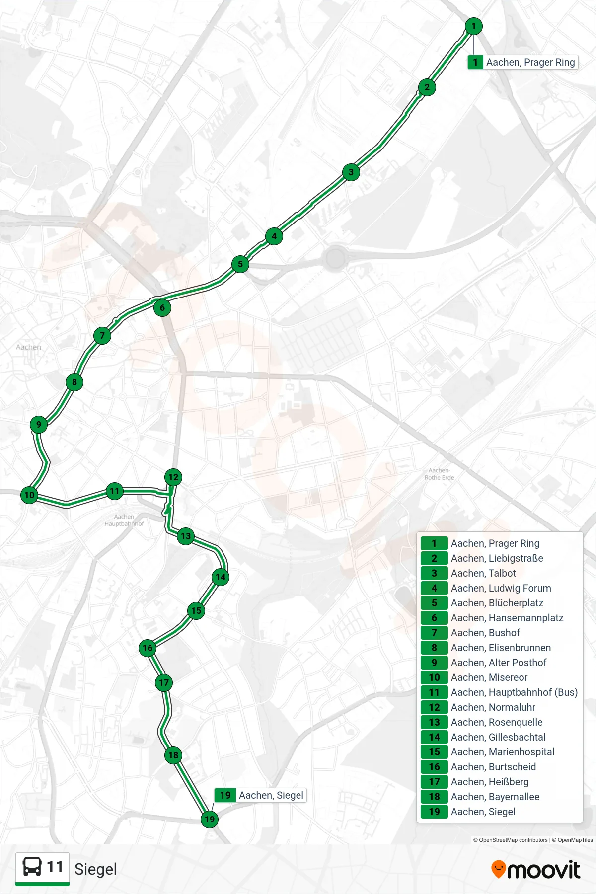 Linie 11 (Bus) Richtung Siegel: Route und Haltestellen auf der Karte