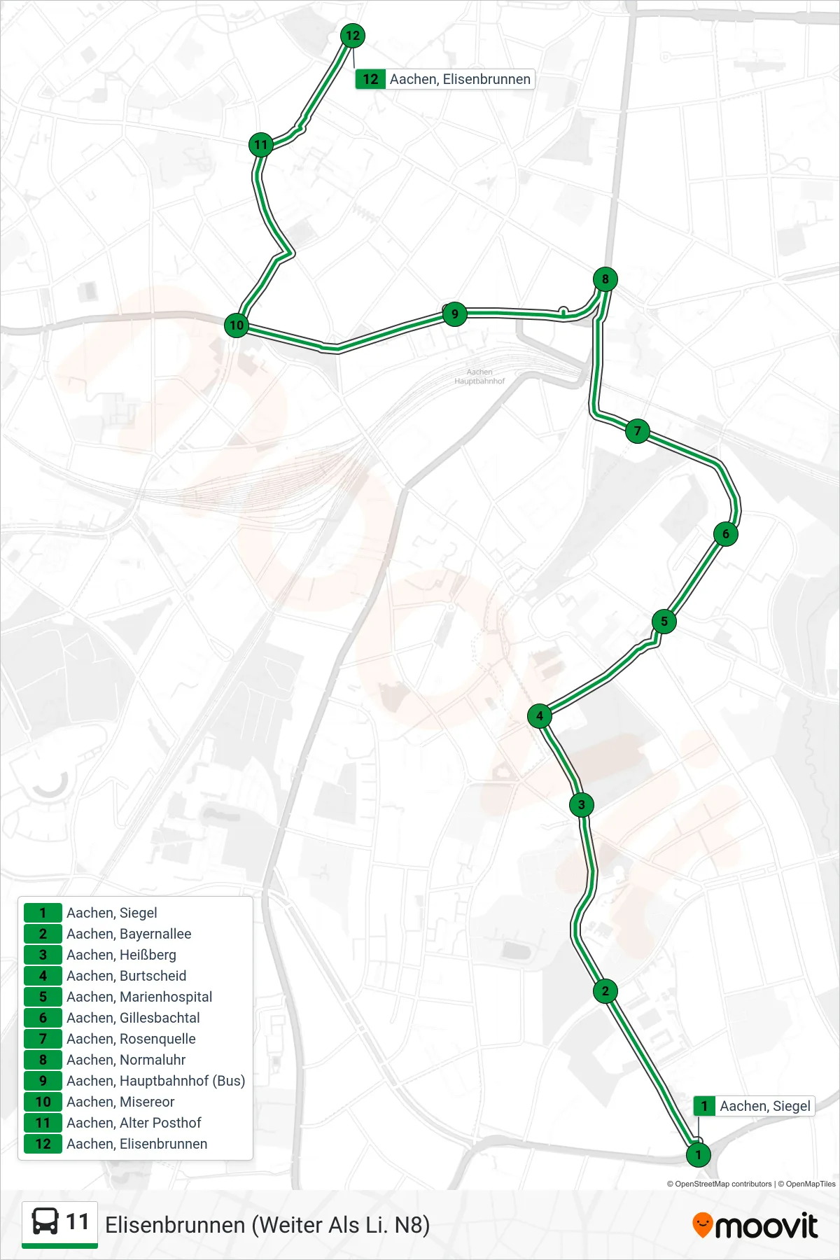 Linie 11 (Bus) Richtung Elisenbrunnen (Weiter Als Li. N8): Route und Haltestellen auf der Karte