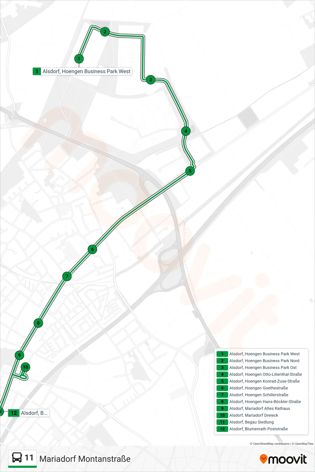 Linie 11 (Bus) Richtung Mariadorf Montanstraße: Route und Haltestellen auf der Karte