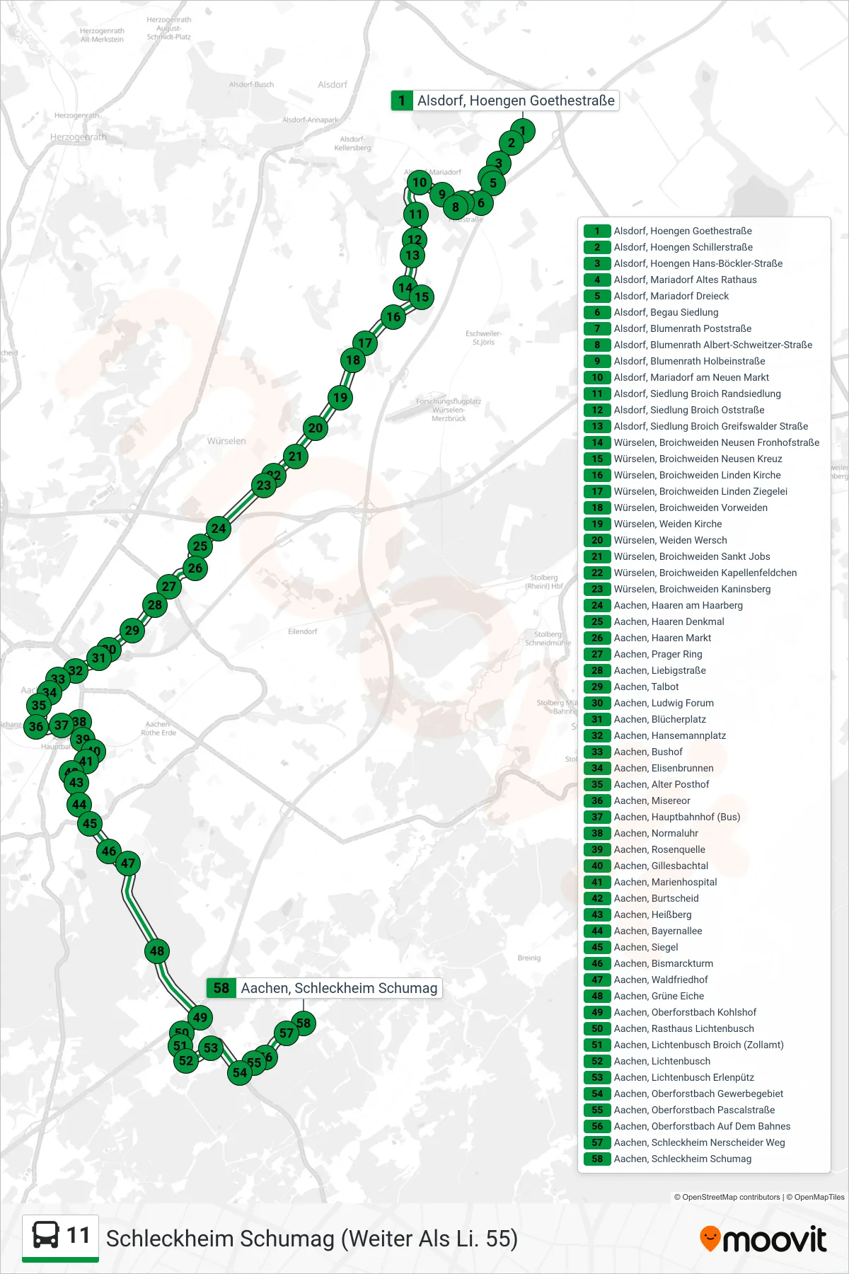 Linie 11 (Bus) Richtung Schleckheim Schumag (Weiter Als Li. 55): Route und Haltestellen auf der Karte
