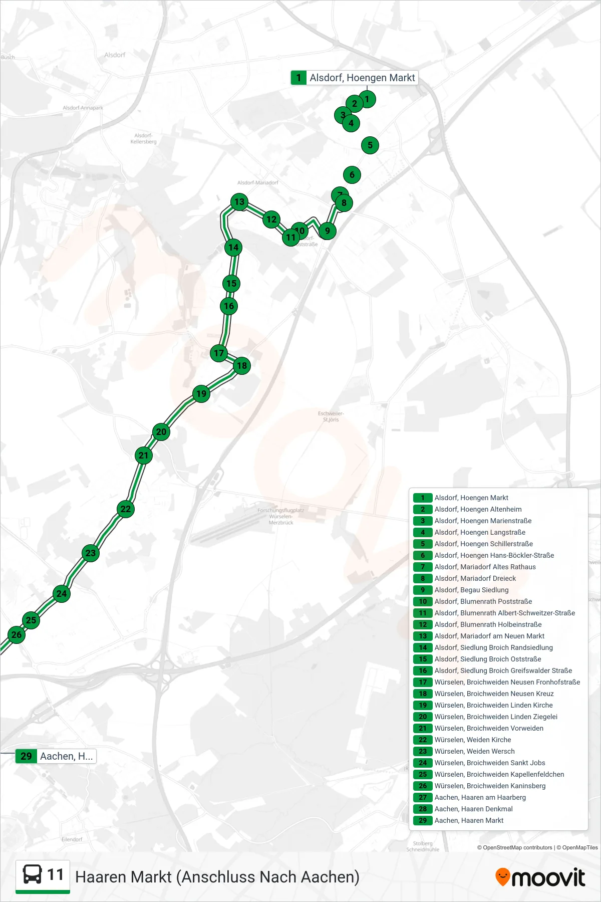 Linie 11 (Bus) Richtung Haaren Markt (Anschluss Nach Aachen): Route und Haltestellen auf der Karte