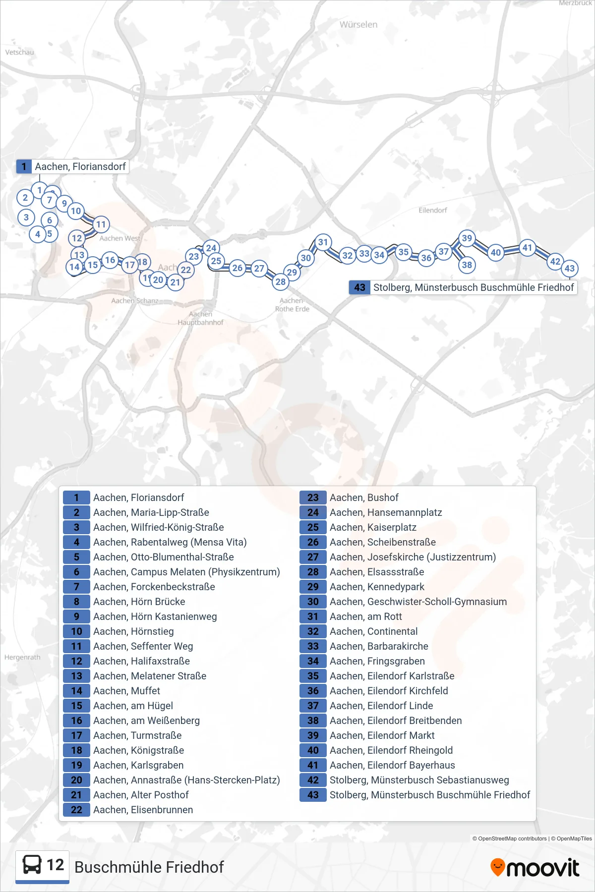 12 bus Line (Buschmühle Friedhof) route and stops on a map