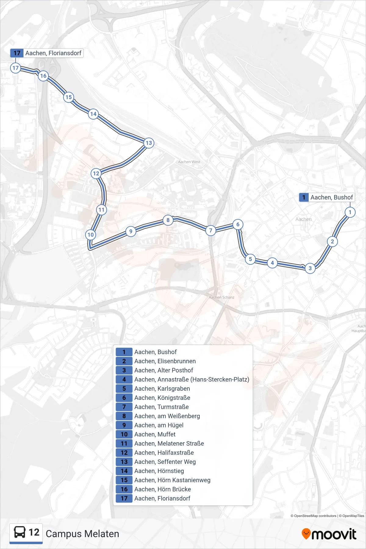 Linie 12 (Bus) Richtung Campus Melaten: Route und Haltestellen auf der Karte