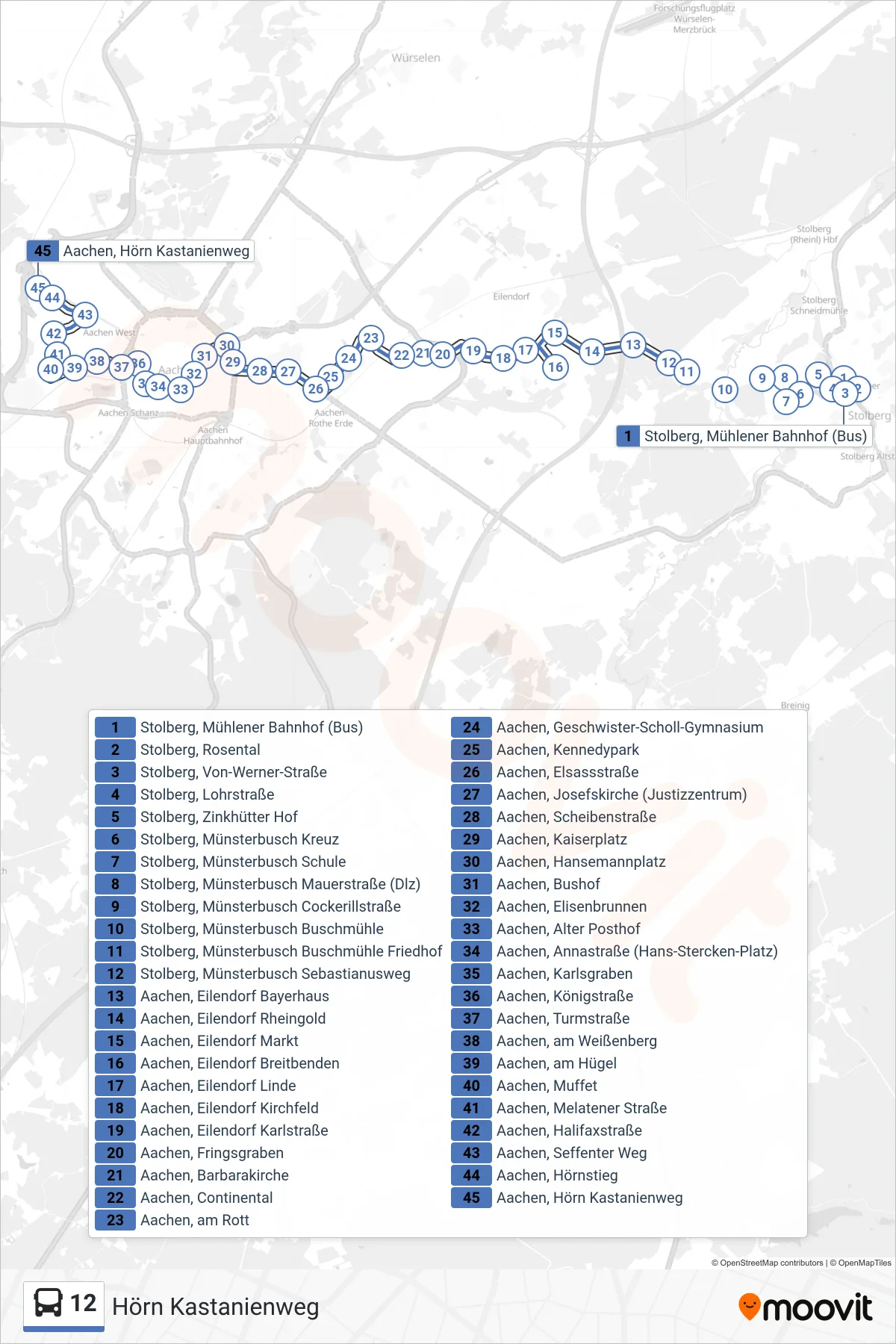 12 bus Line (Hörn Kastanienweg) route and stops on a map