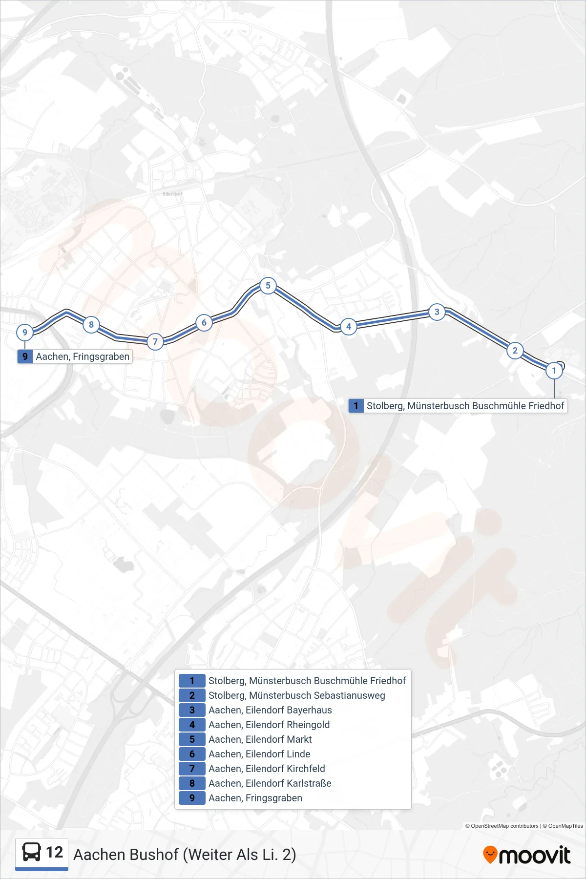 Linie 12 (Bus) Richtung Aachen Bushof (Weiter Als Li. 2): Route und Haltestellen auf der Karte