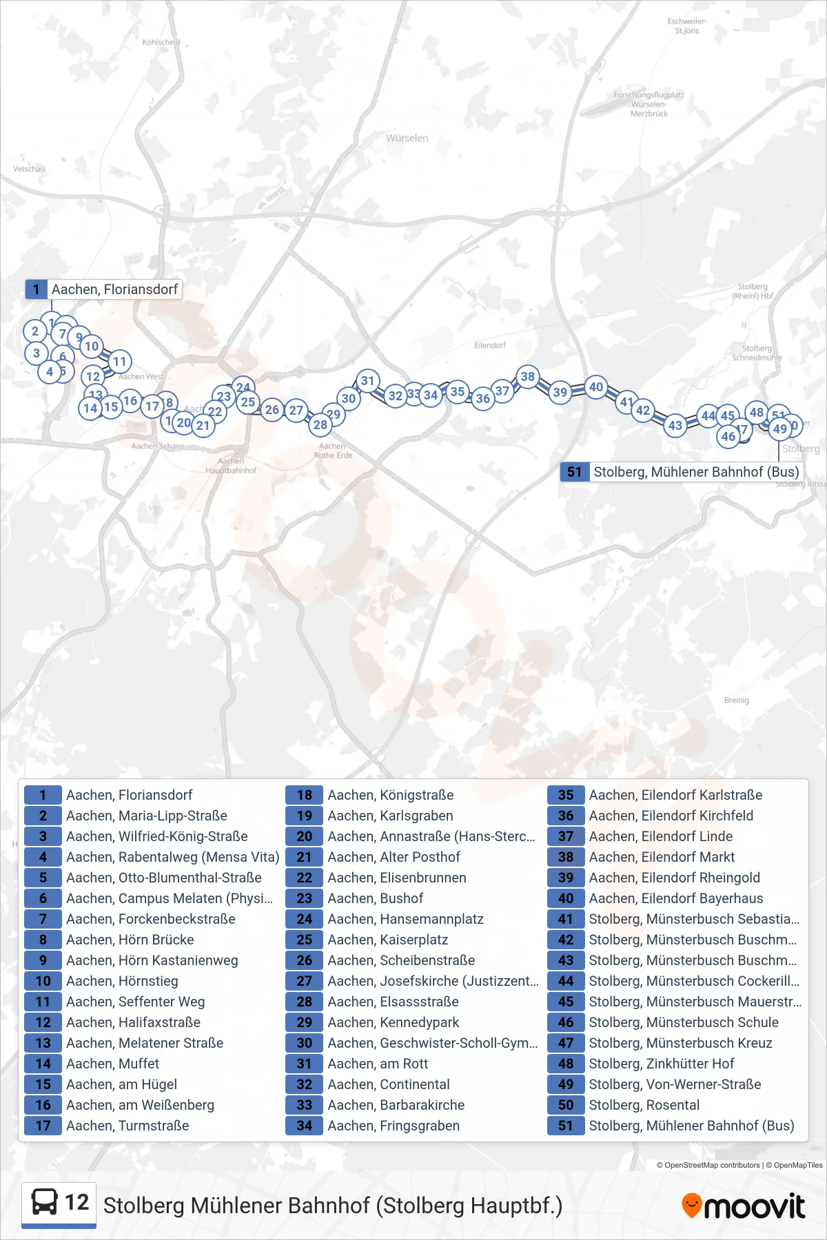 Linie 12 (Bus) Richtung Stolberg Mühlener Bahnhof (Stolberg Hauptbf.): Route und Haltestellen auf der Karte
