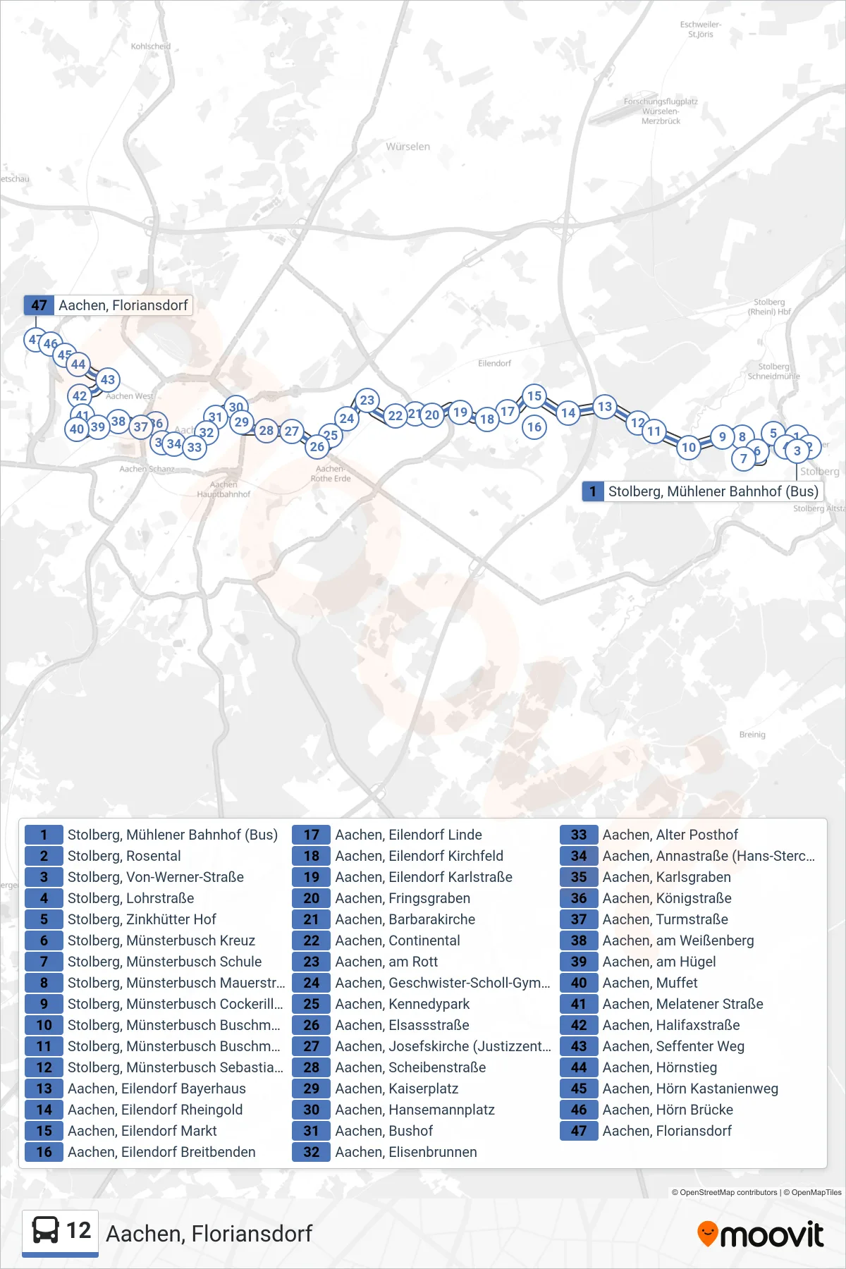12 bus Line (Aachen, Floriansdorf) route and stops on a map