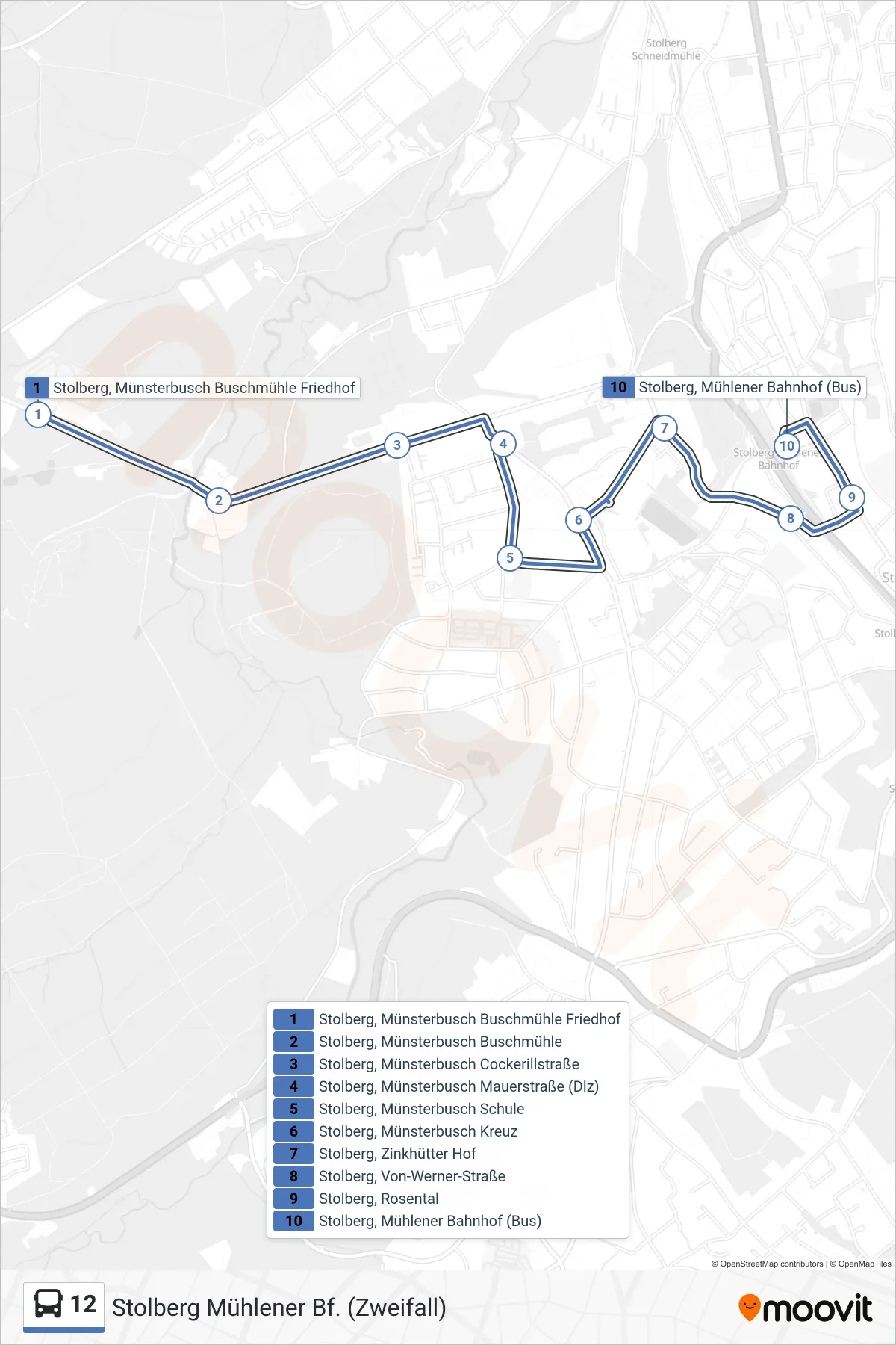 Linie 12 (Bus) Richtung Stolberg Mühlener Bf. (Zweifall): Route und Haltestellen auf der Karte