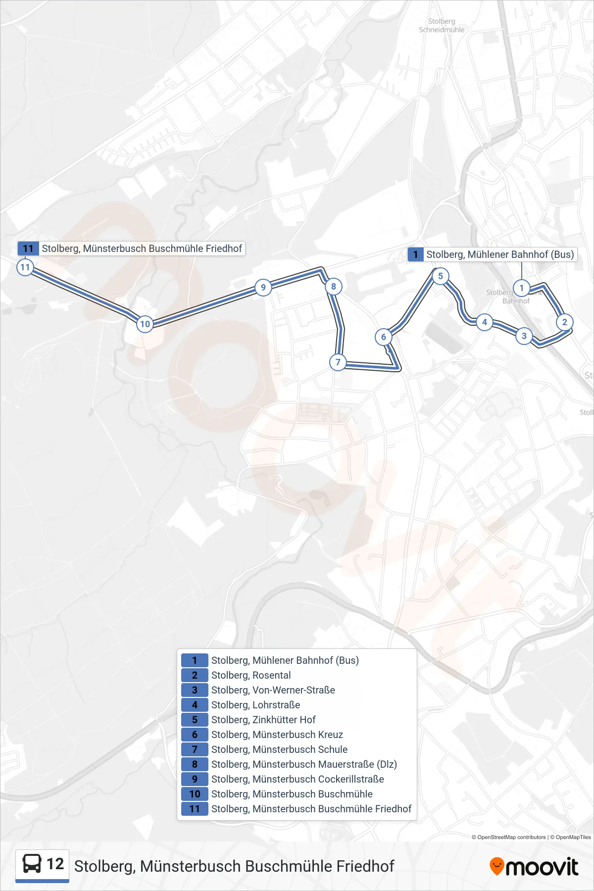 Linie 12 (Bus) Richtung Stolberg, Münsterbusch Buschmühle Friedhof: Route und Haltestellen auf der Karte