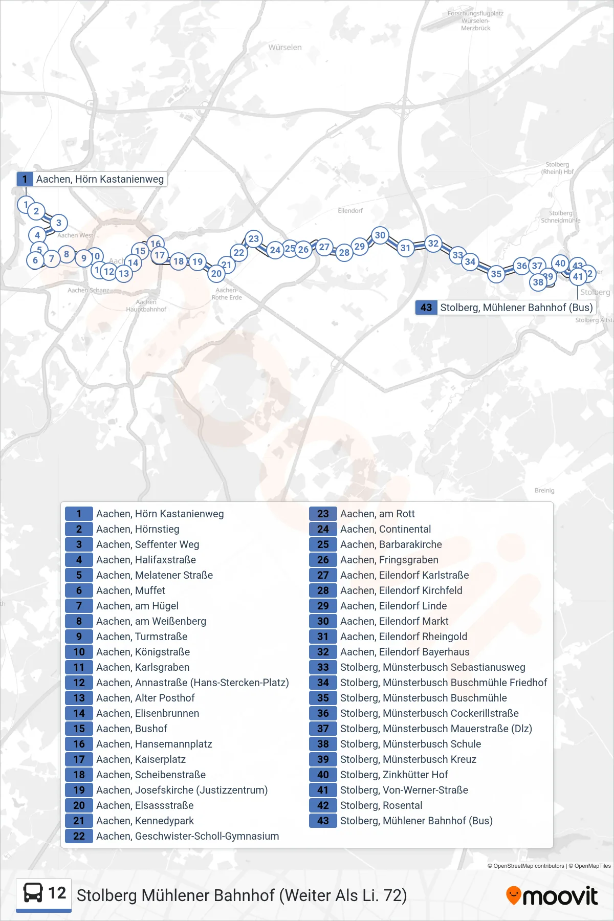 Linie 12 (Bus) Richtung Stolberg Mühlener Bahnhof (Weiter Als Li. 72): Route und Haltestellen auf der Karte